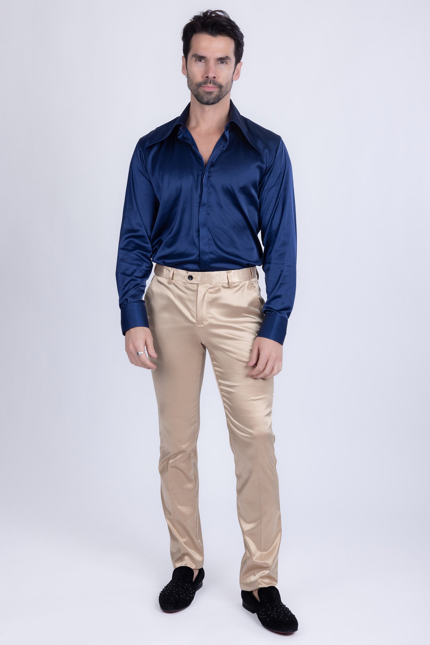 BARABAS Men's Solid Color Shiny Chino Pants VP1010 Gold