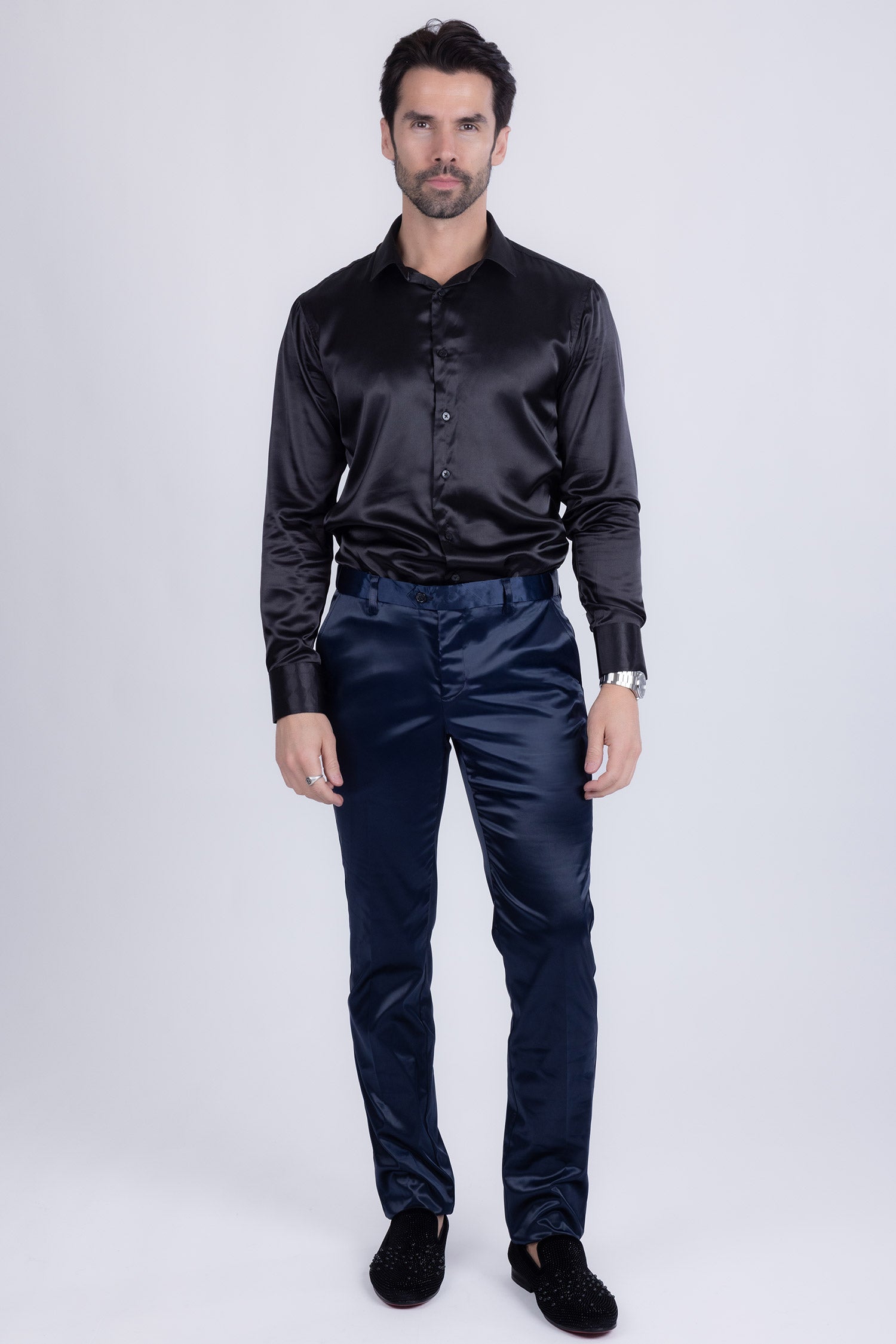 BARABAS Men's Solid Color Shiny Chino Pants VP1010 Navy