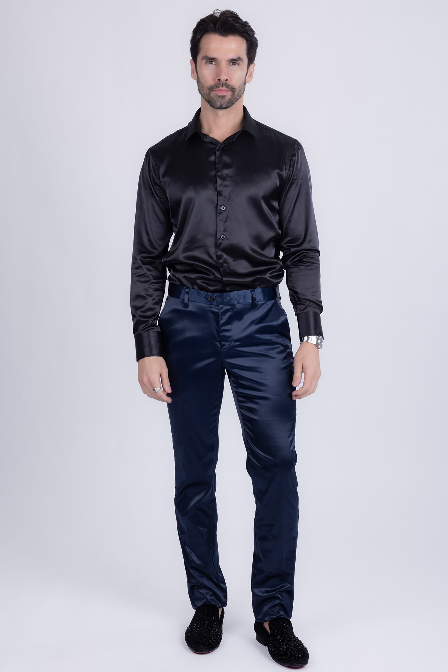 BARABAS Men's Solid Color Shiny Chino Pants VP1010 Navy