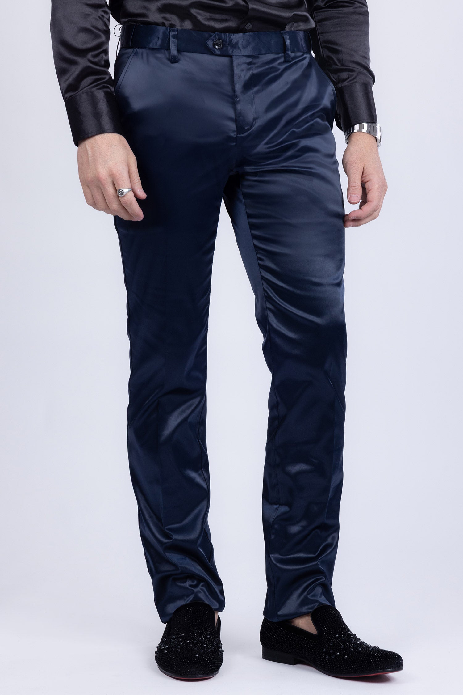 BARABAS Men's Solid Color Shiny Chino Pants VP1010 Navy