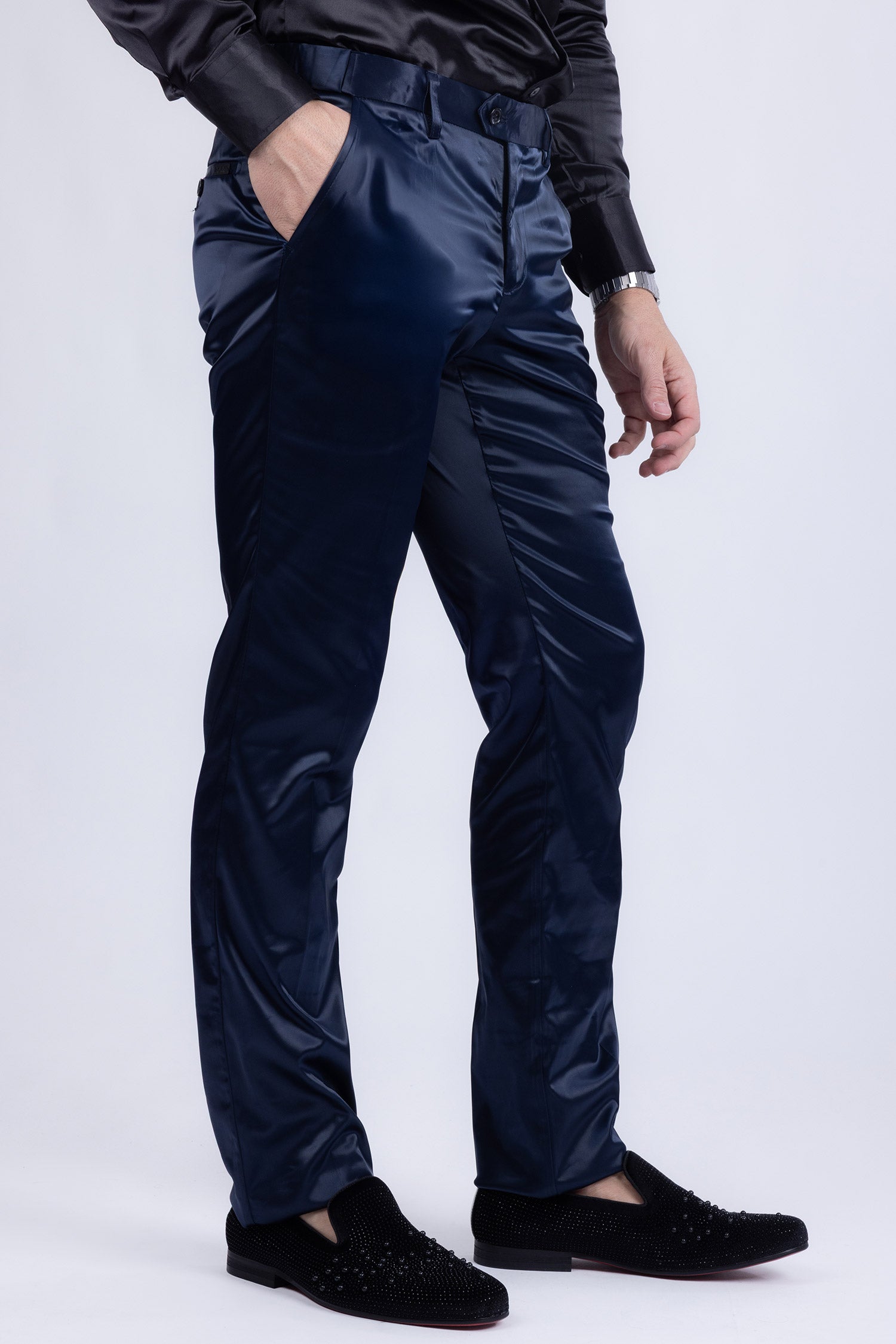 BARABAS Men's Solid Color Shiny Chino Pants VP1010 Navy