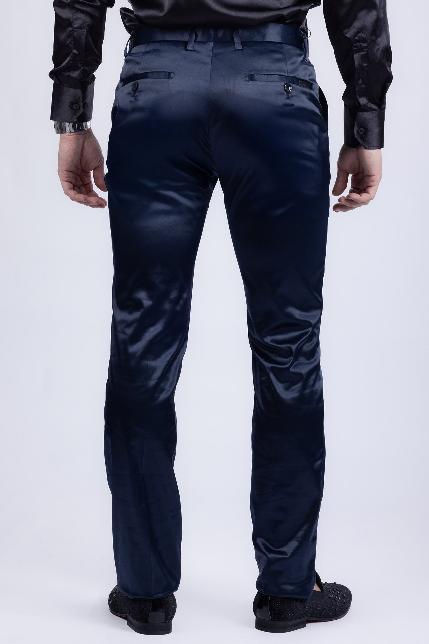 BARABAS Men's Solid Color Shiny Chino Pants VP1010 Navy