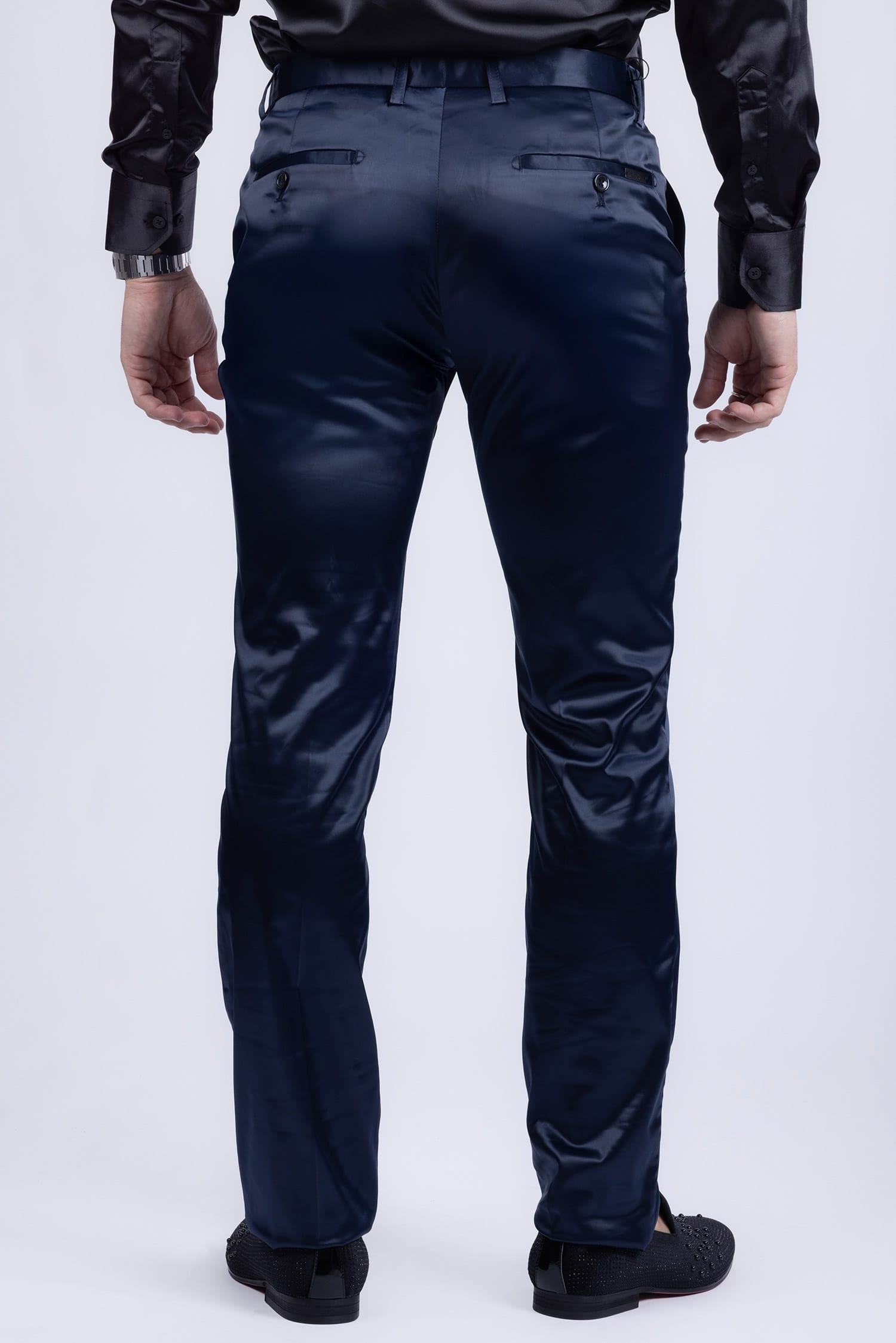 BARABAS Men's Solid Color Shiny Chino Pants VP1010 Navy