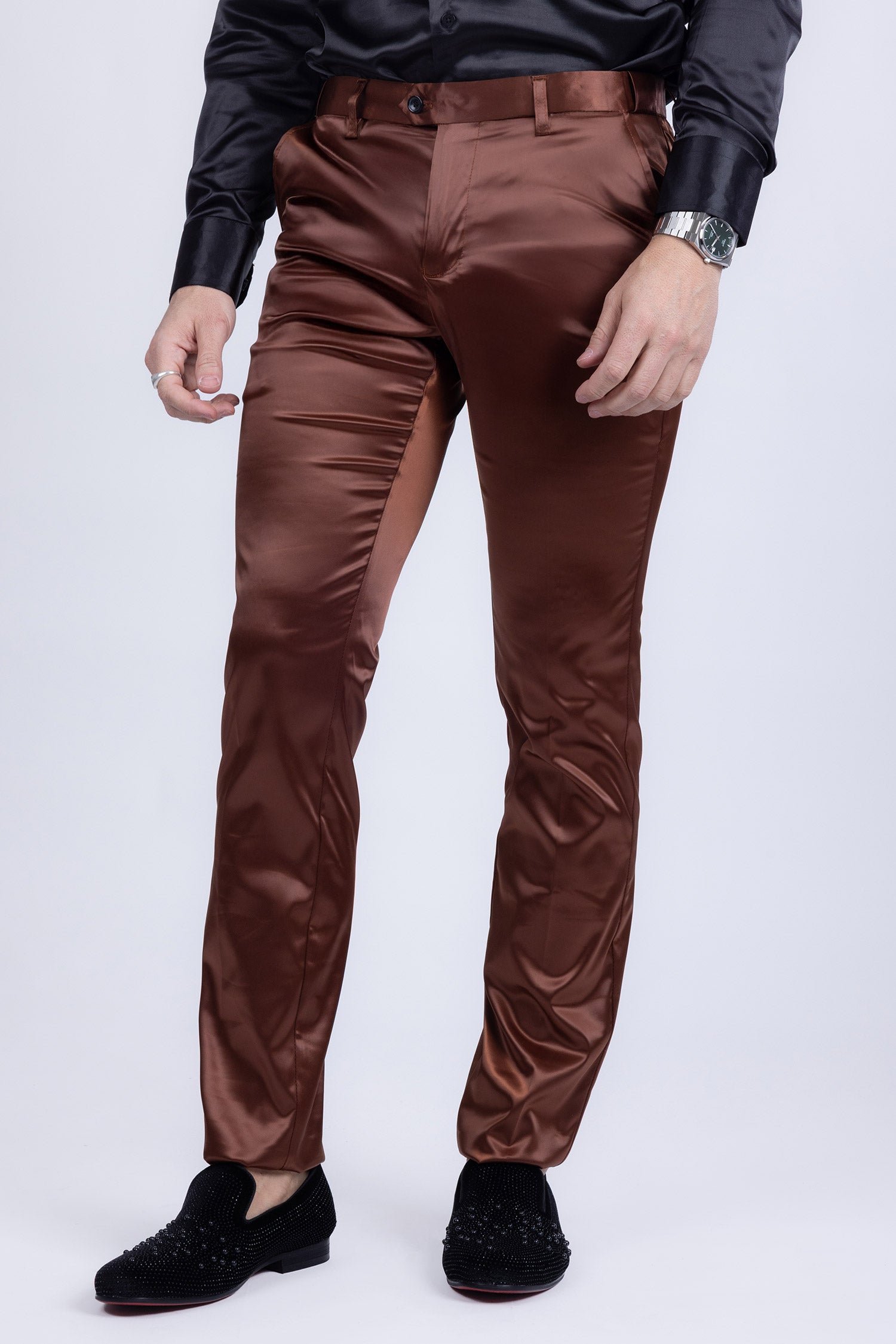BARABAS Men's Solid Color Shiny Chino Pants VP1010 Brown