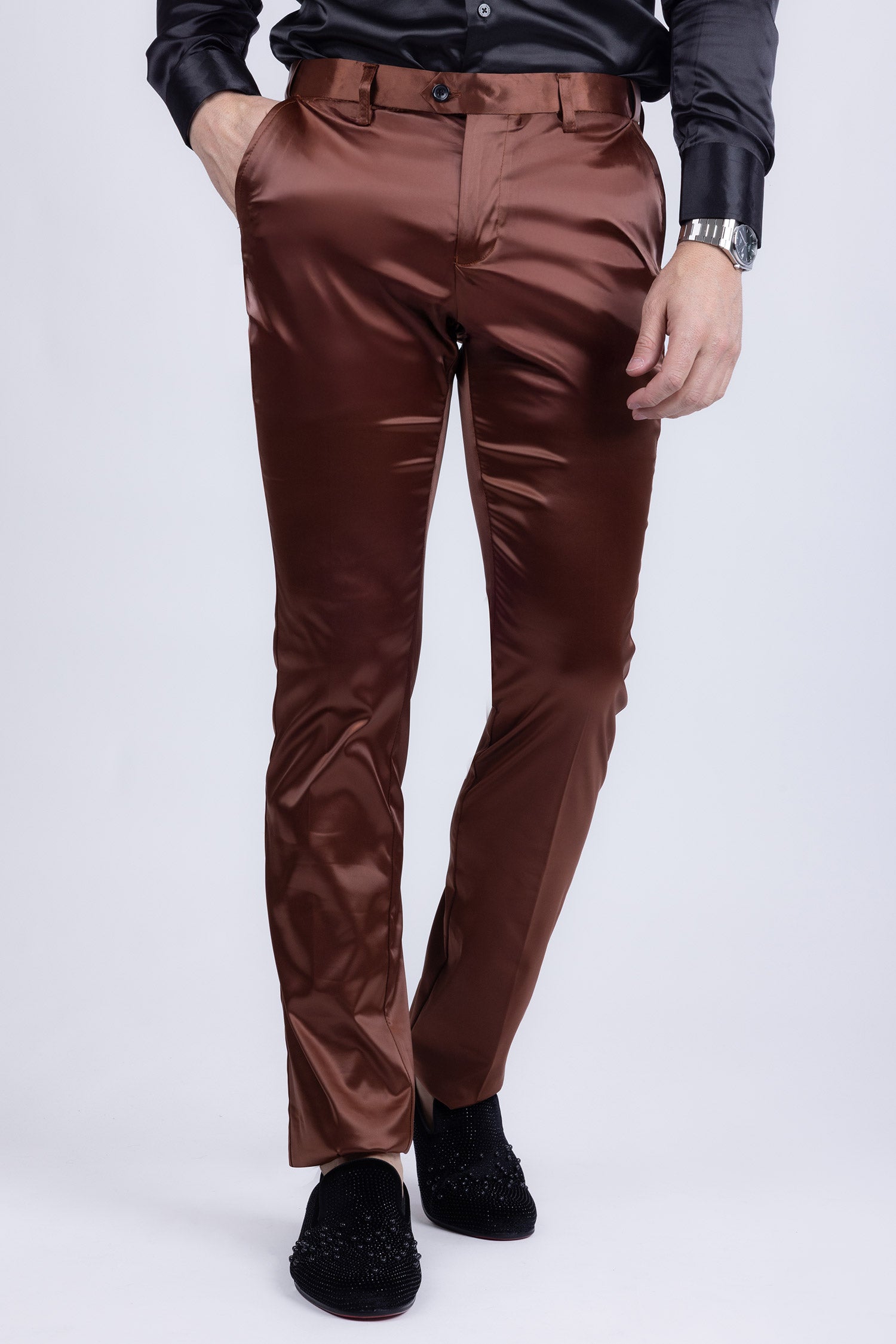 BARABAS Men's Solid Color Shiny Chino Pants VP1010 Brown