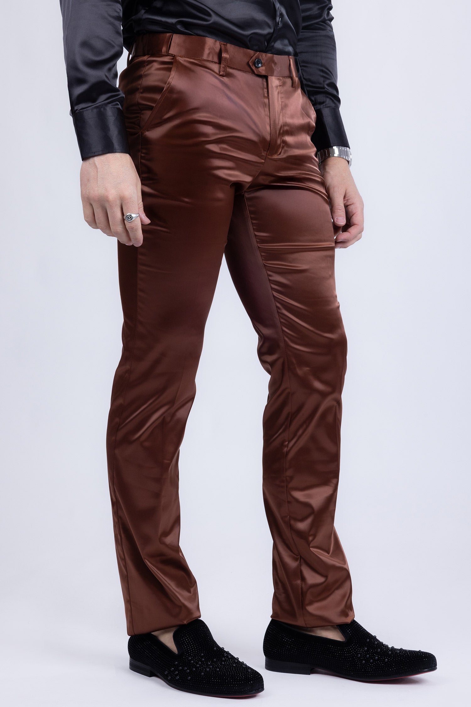 BARABAS Men's Solid Color Shiny Chino Pants VP1010 Brown