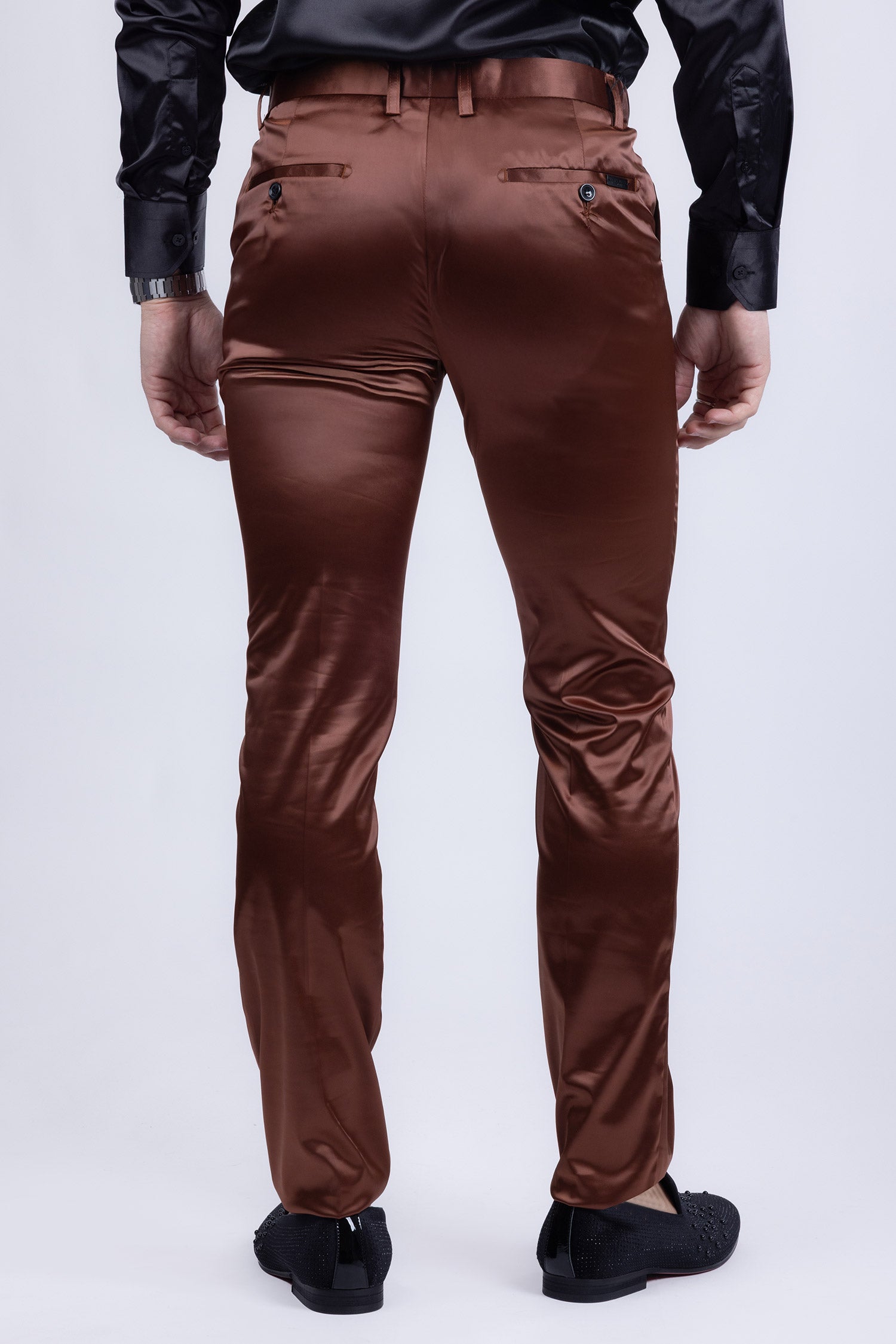 BARABAS Men's Solid Color Shiny Chino Pants VP1010 Brown