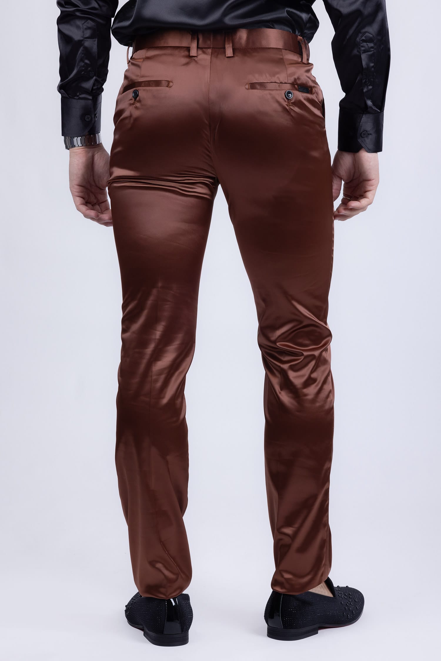 BARABAS Men's Solid Color Shiny Chino Pants VP1010 Brown