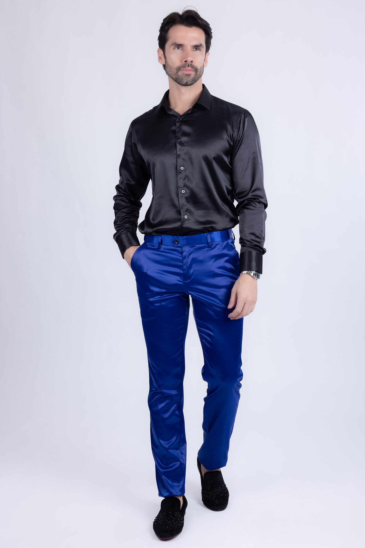 BARABAS Men's Solid Color Shiny Chino Pants VP1010 Royal Blue