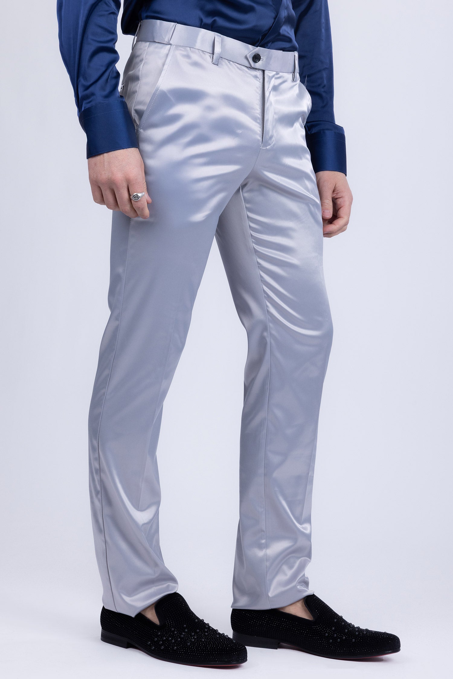 BARABAS Men's Solid Color Shiny Chino Pants VP1010 Silver