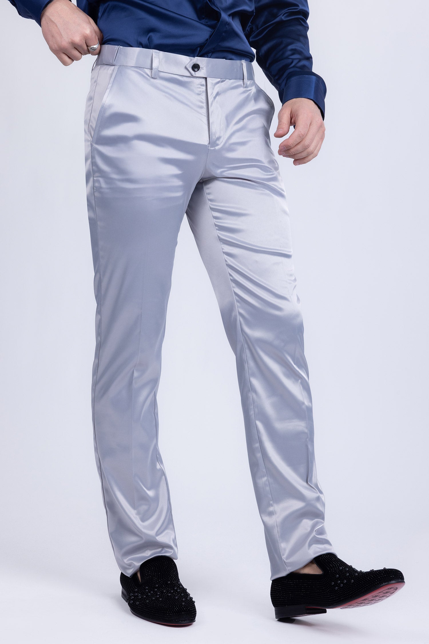 BARABAS Men's Solid Color Shiny Chino Pants VP1010 Silver