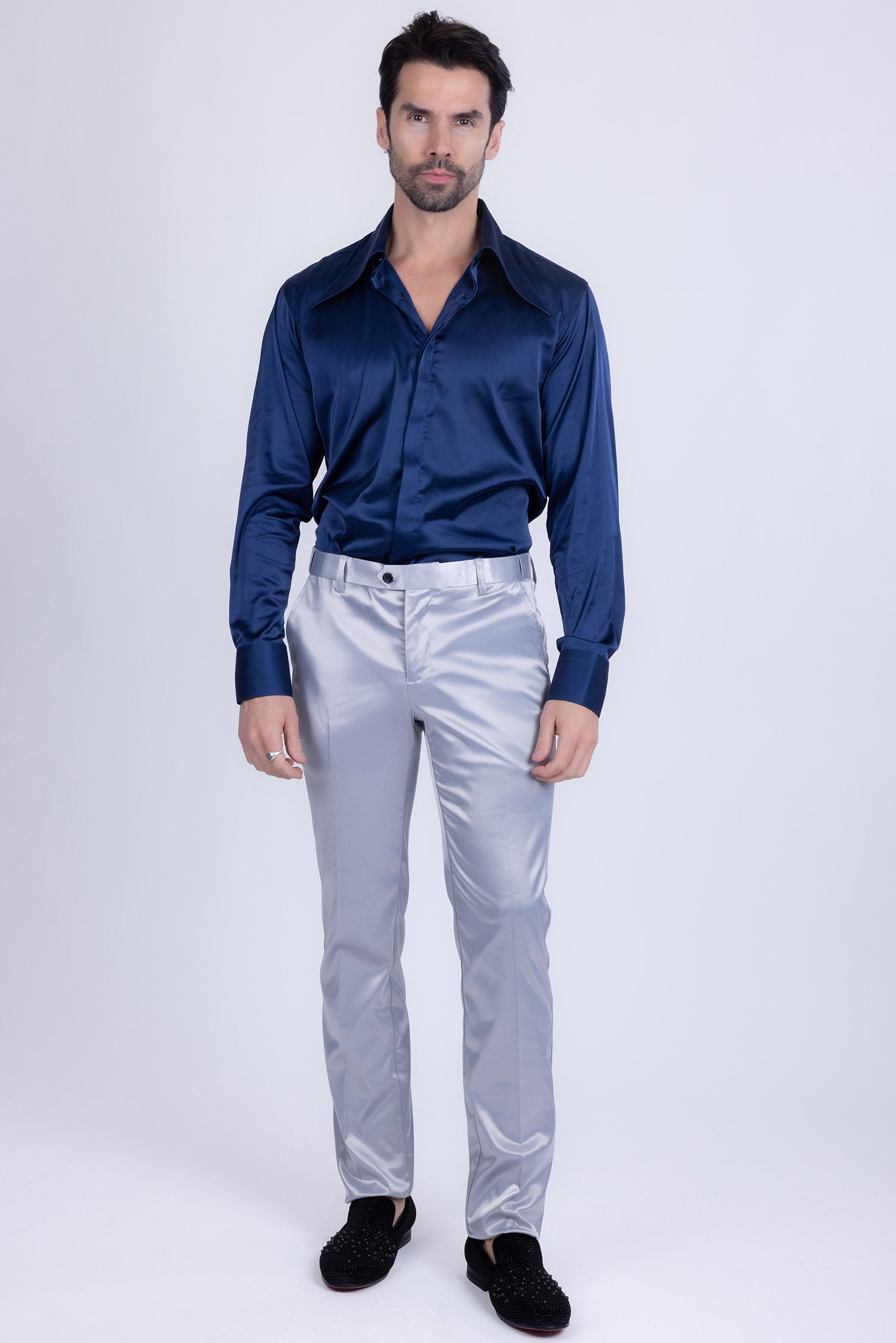 BARABAS Men's Solid Color Shiny Chino Pants VP1010 Silver