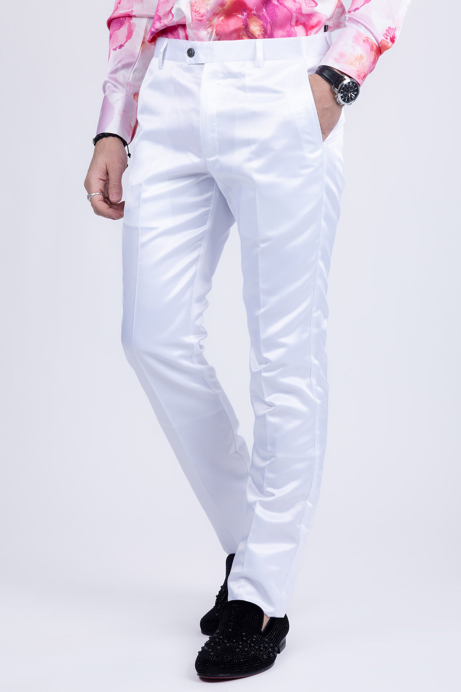 BARABAS Men shinny dress Pants Black Navy White VP1020 White