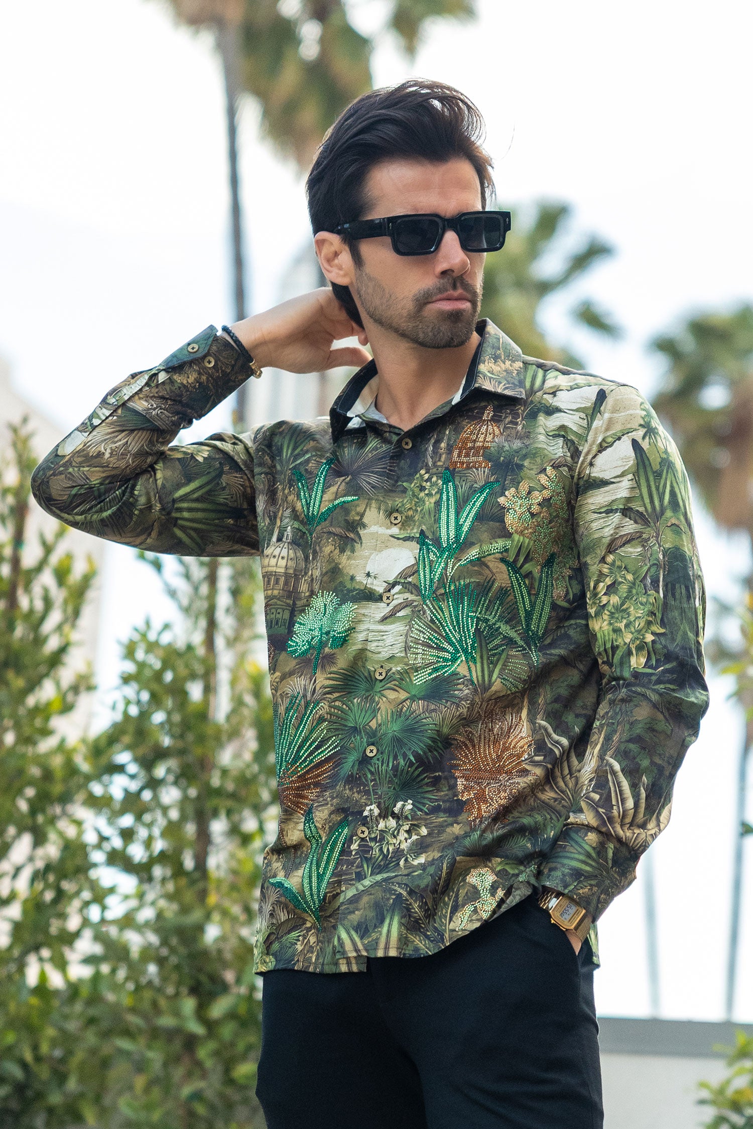 Barabas Men's Rhinestone Floral Paradise Long Sleeve Shirts 3SPR425 Green