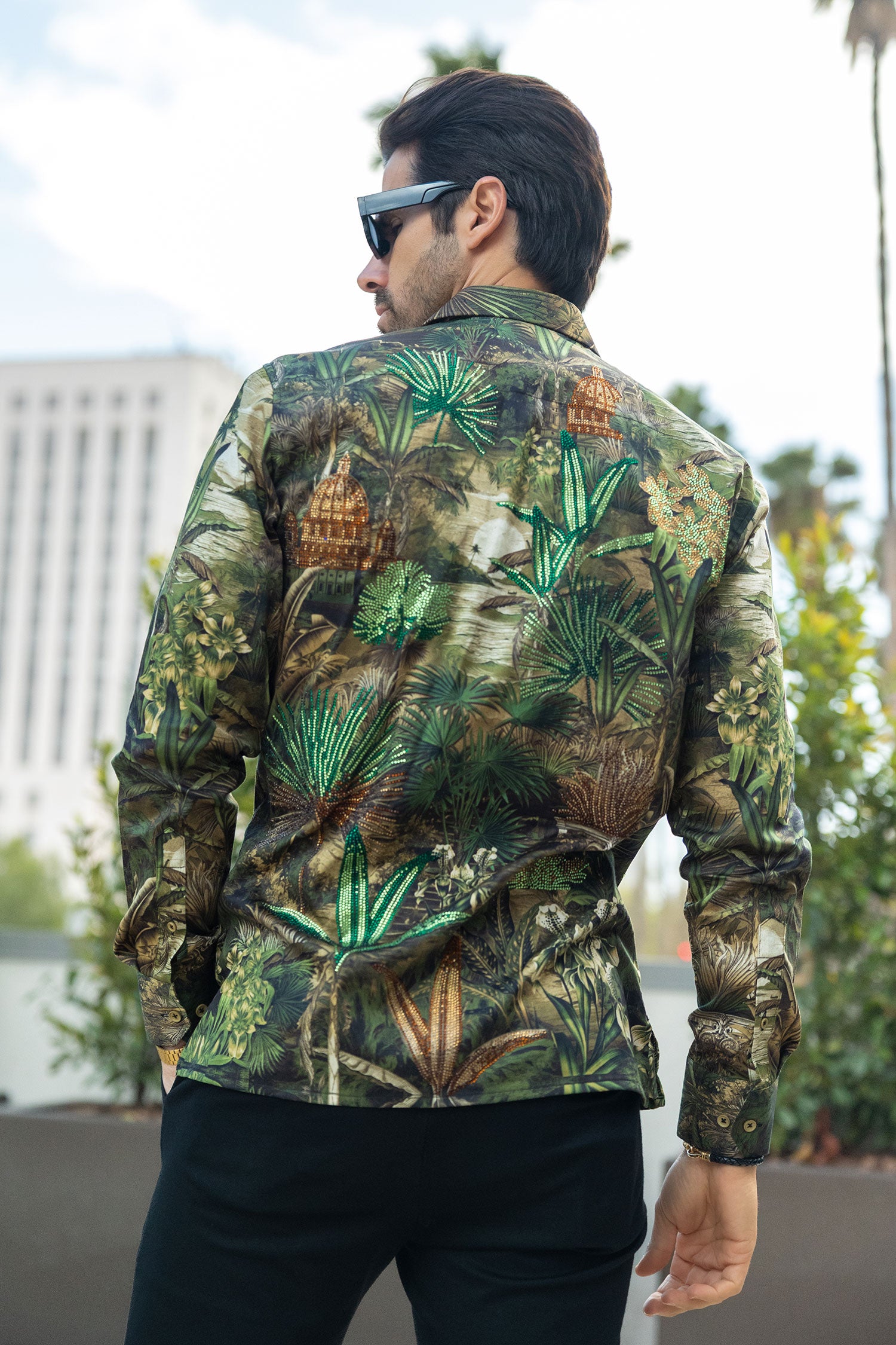 Barabas Men's Rhinestone Floral Paradise Long Sleeve Shirts 3SPR425 Green