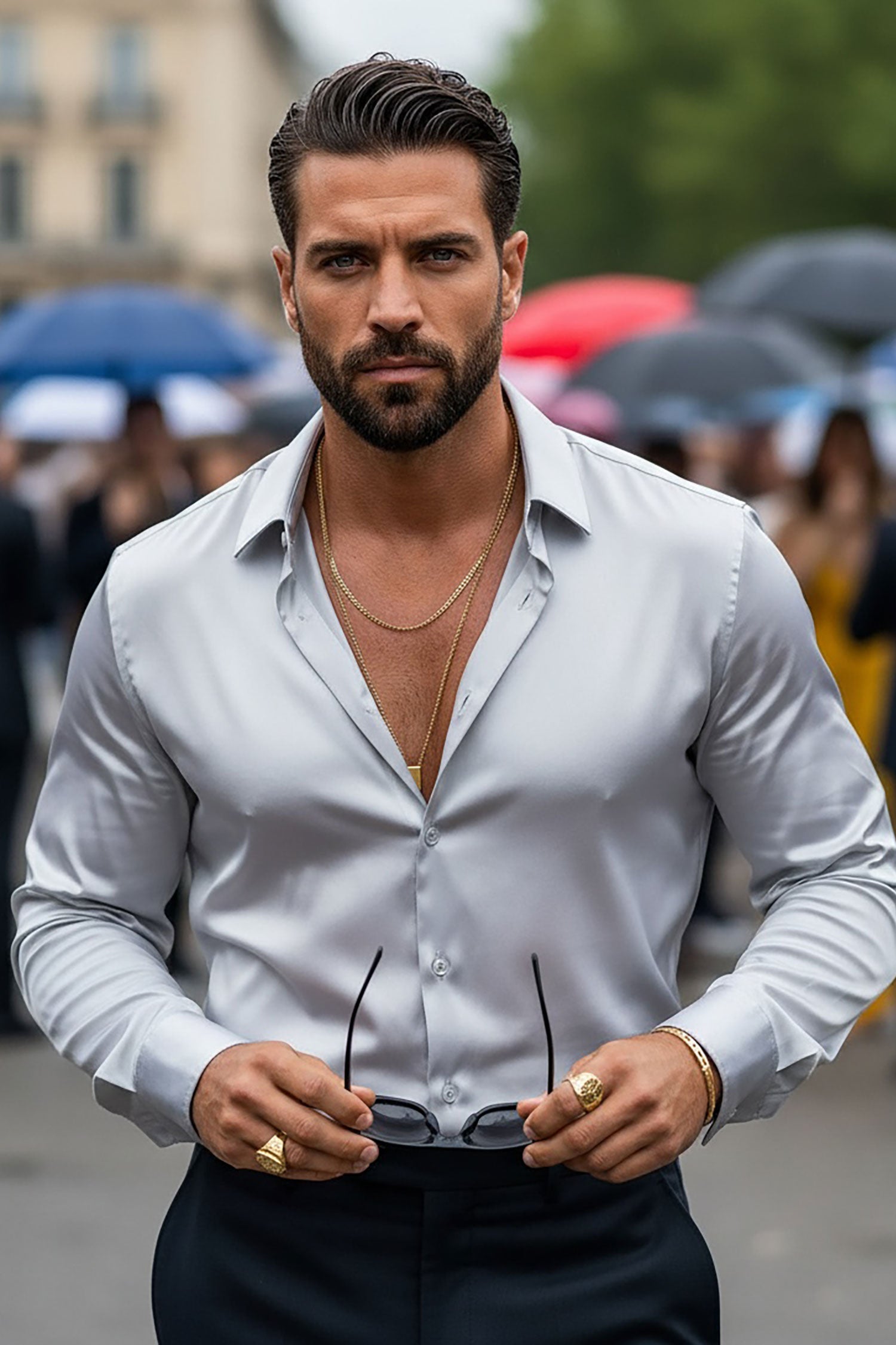 BARABAS Mens Luxury Metallic Long Sleeve Button Down Shiny shirts B312 Silver