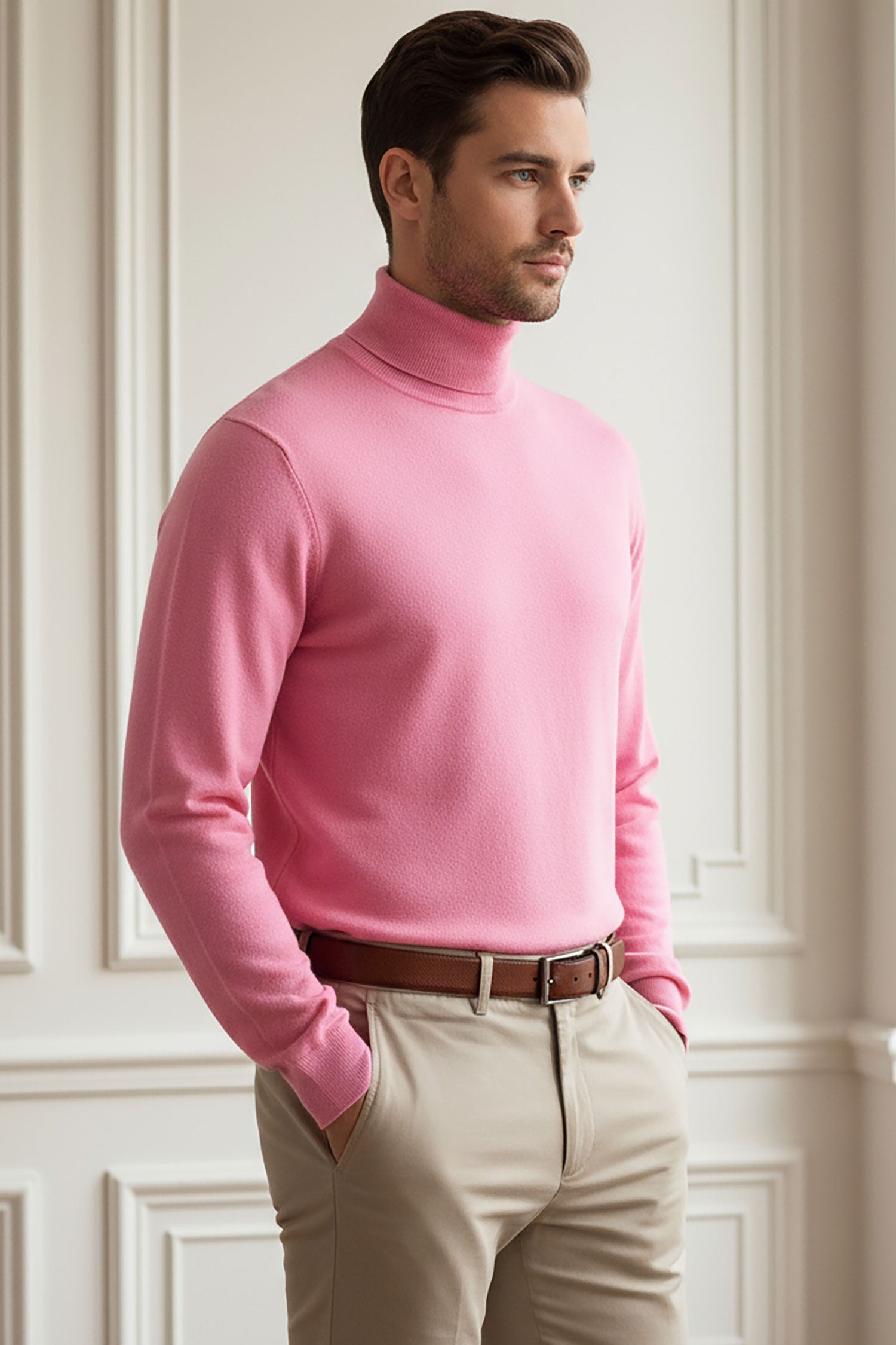 Men's Turtleneck Ribbed Solid Color Basic Sweater LS2100 Pink