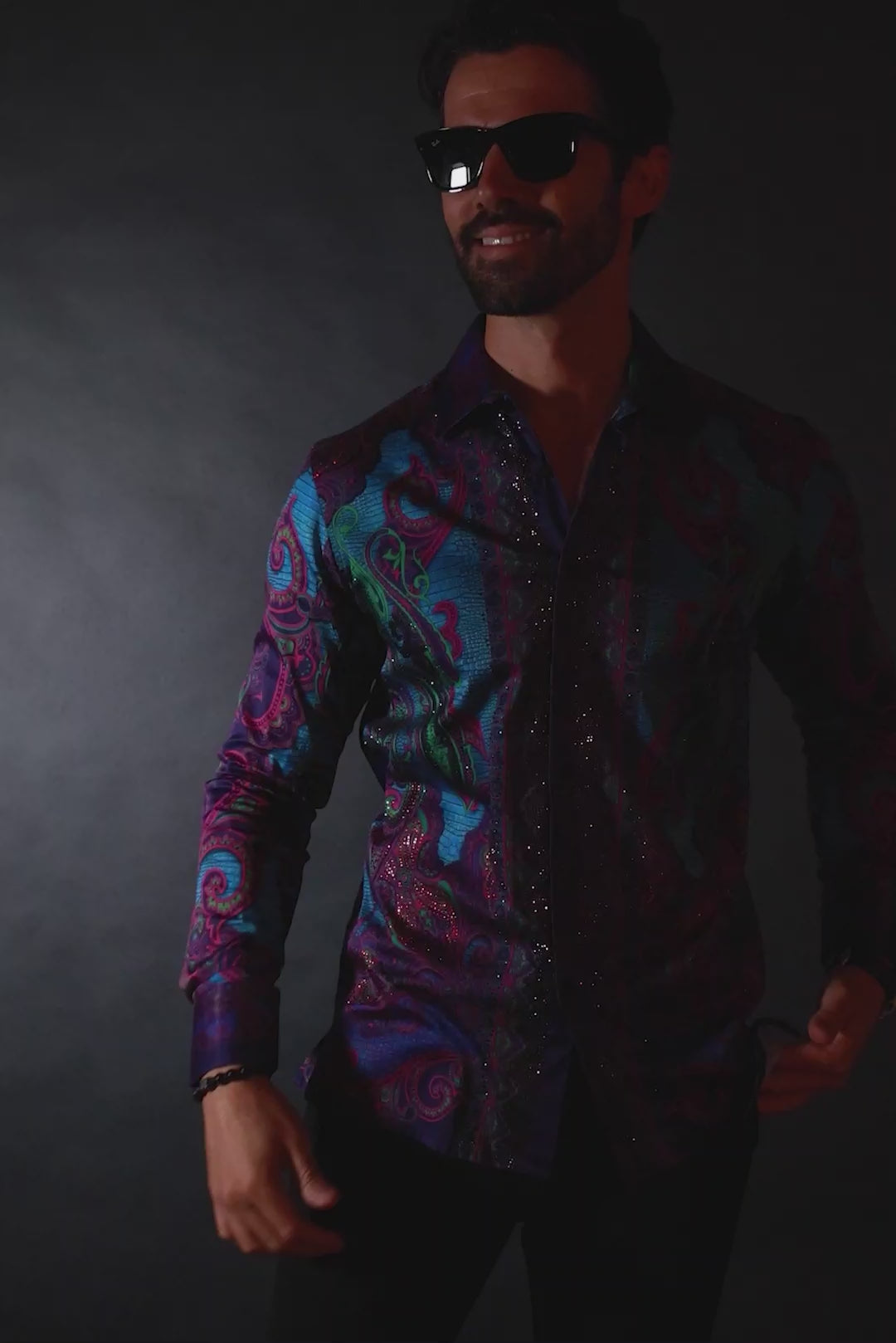 BARABAS Men's Rhinestone Floral Paisley Long Sleeve Shirts 3SPR433 Blue