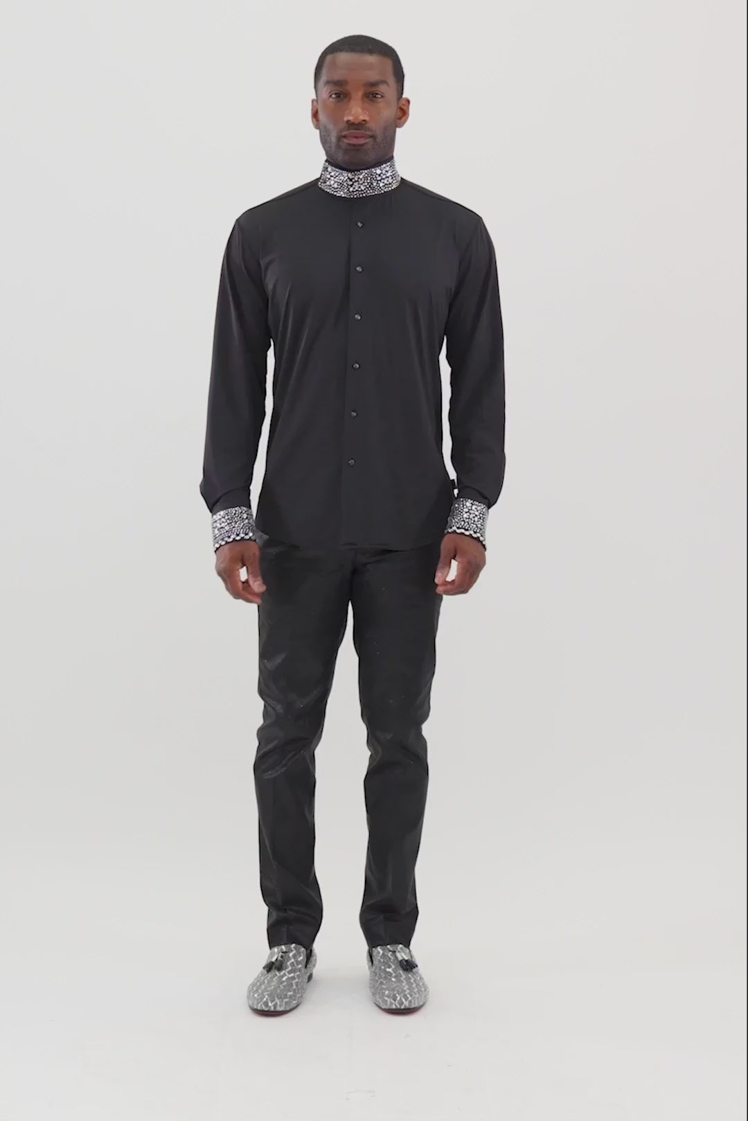 Barabas Men's Turtleneck Rhinestones Collar Long Sleeve Shirts 4BR411 Black Silver