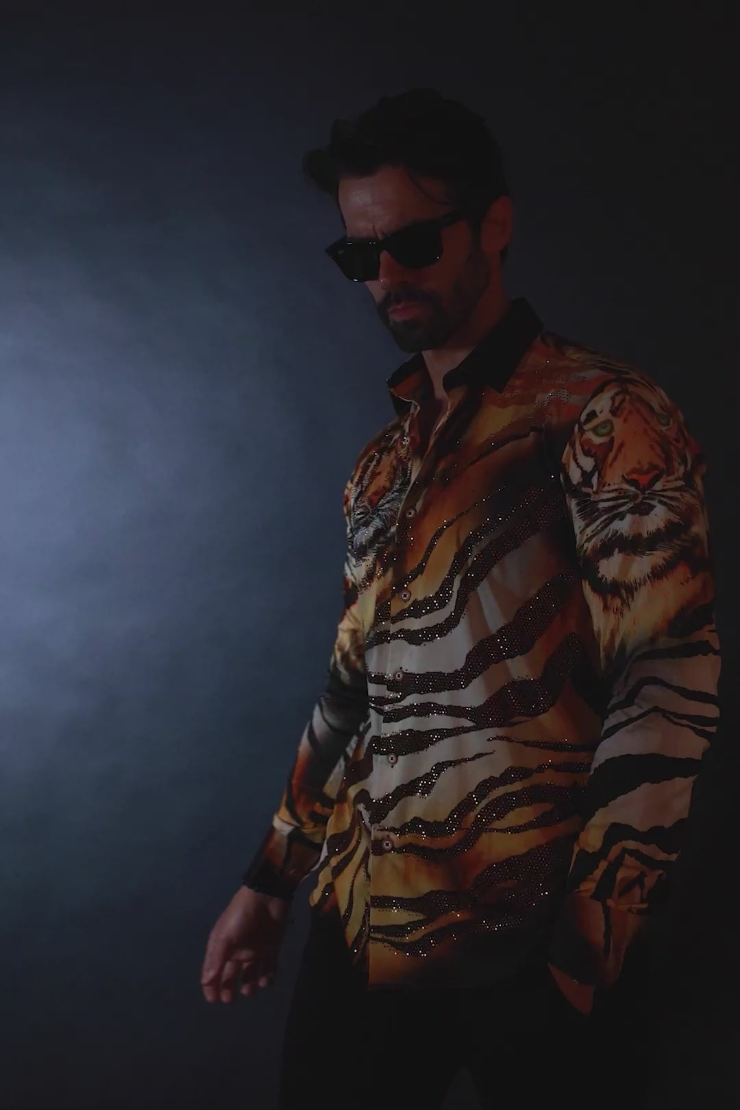 Barabas Men's Rhinestone Tiger Scratch Prints Long Sleeve Shirt SPR11 Orange