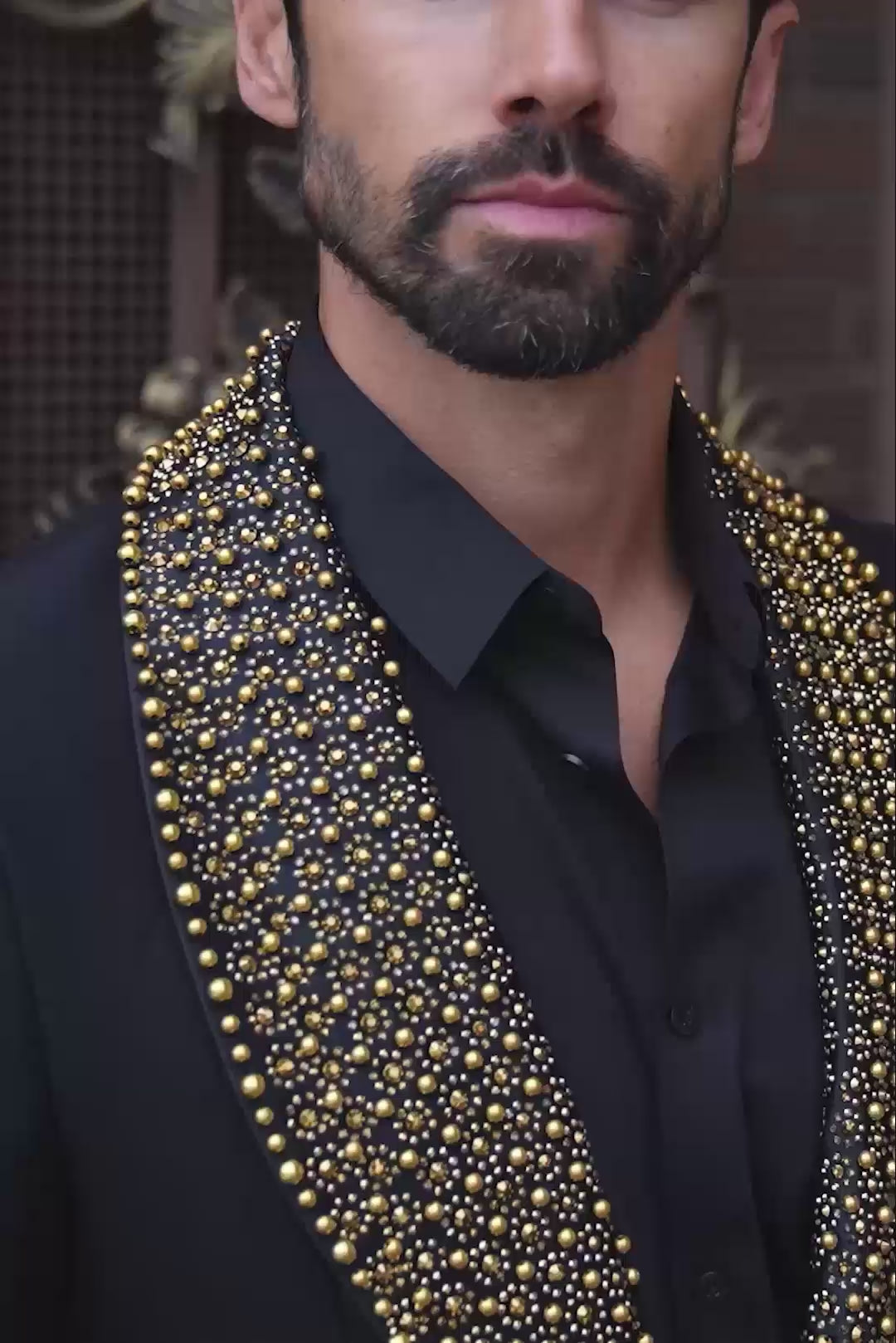 Barabas Men's Rhinestone Studded Geometric Shawl Lapel Blazer 4EBL47 Gold