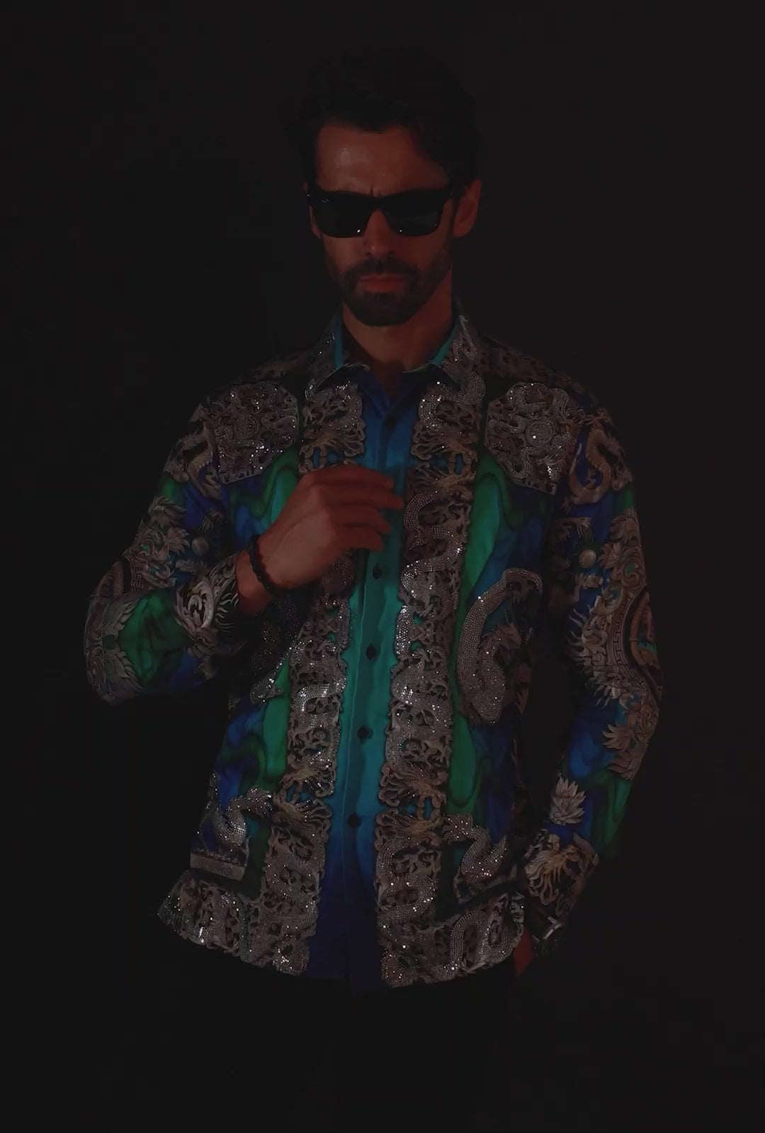 BARABAS Men's Floral Dragon Rhinestone Long Sleeve Shirts 3SPR405 Blue