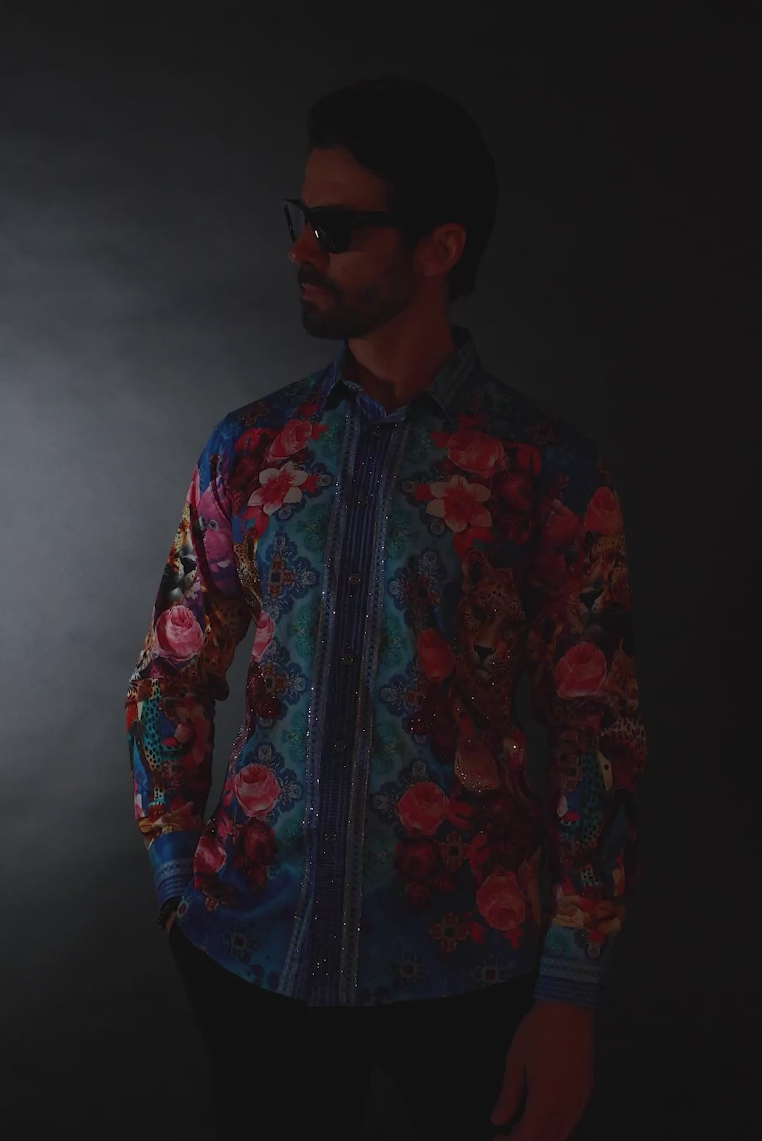Barabas Men's Rhinestone Panther Cheetah Long Sleeve Shirts 4SPR09 Blue
