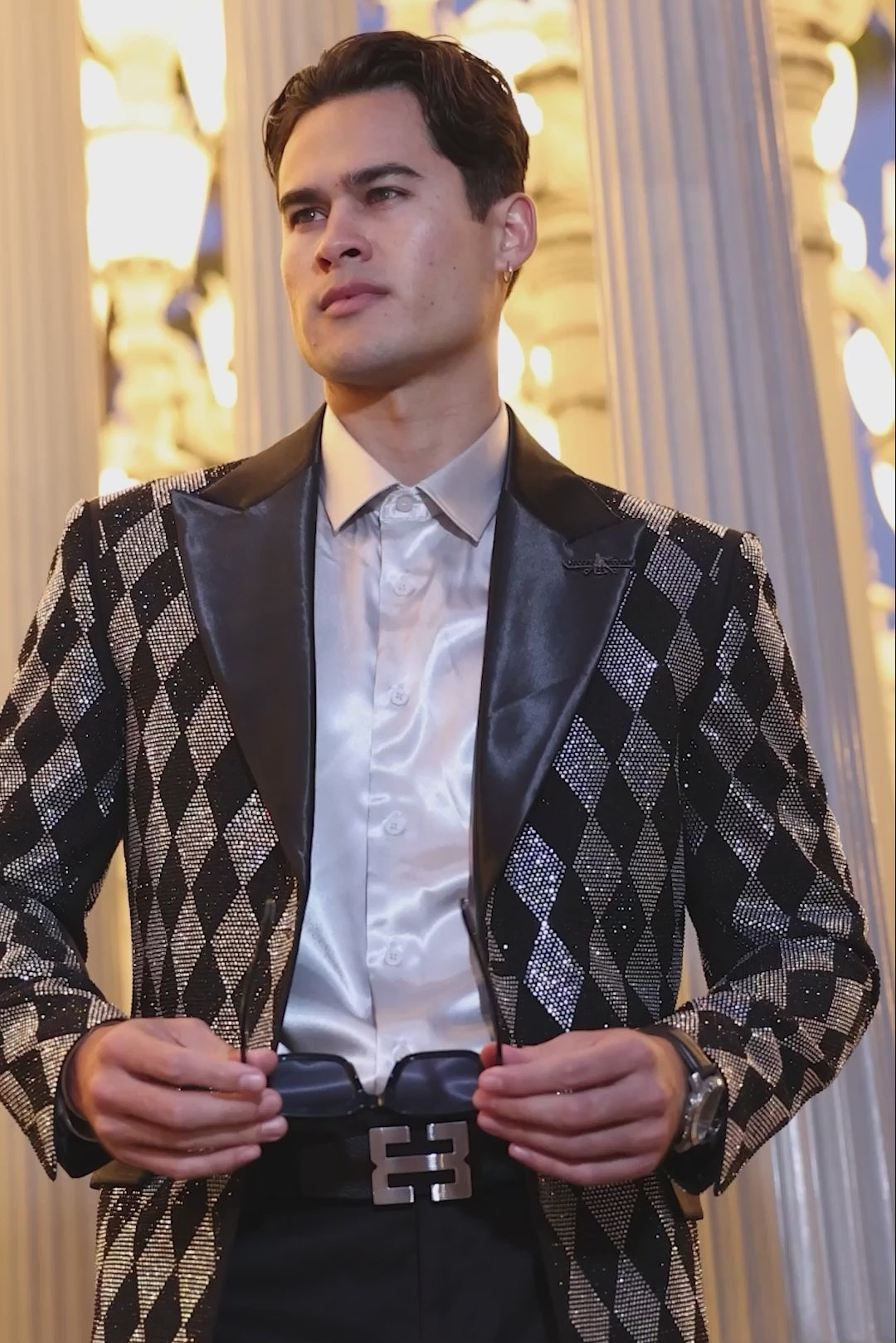 Barabas Men's Checkered Pattern Rhinestones Luxury Blazer 4EBL52 Black