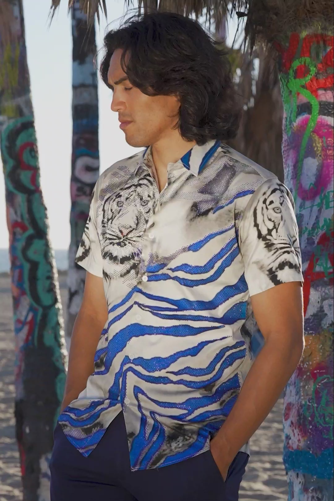 BARABAS Men's Rhinestone Tiger Scratch Short Sleeve Shirt SSR11 Blue