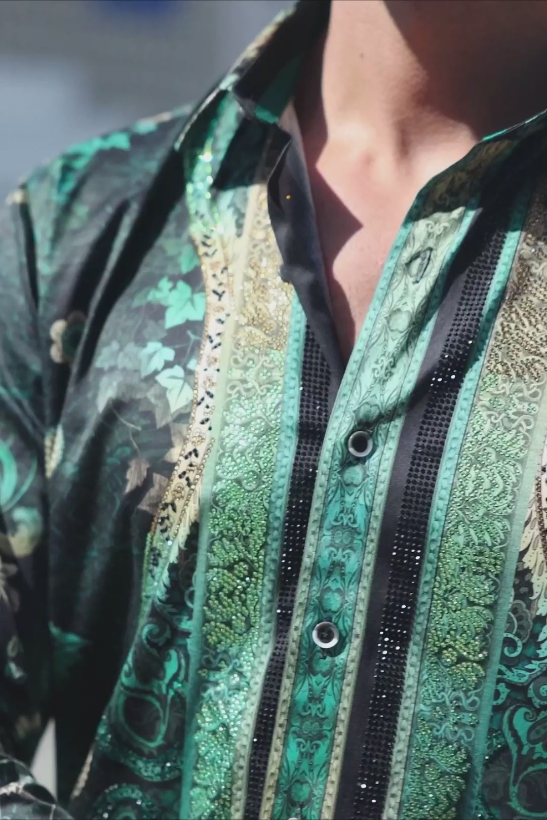 BARABAS Men's Rhinestone Floral Snake Skin Long Sleeve Shirts 3SPR408 Green