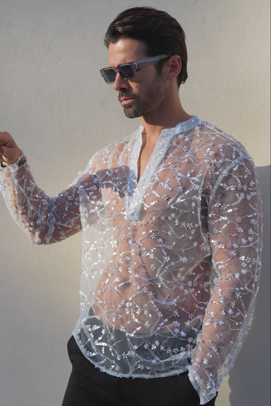 Barabas Men's Sheer See Through Sequins Long Sleeve Shirts 5PST02 Light Blue
