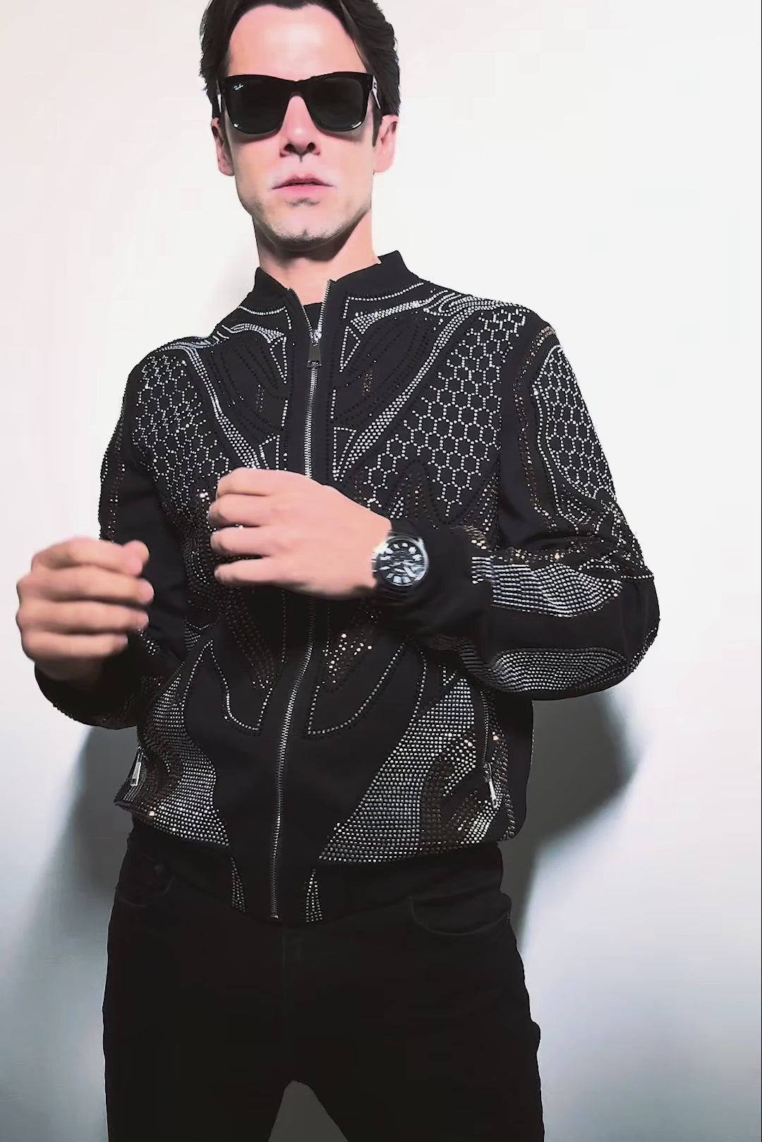BARABAS Men's Geometric Rhinestone Luxury Bomber Biker Jacket 5BP01 Gold