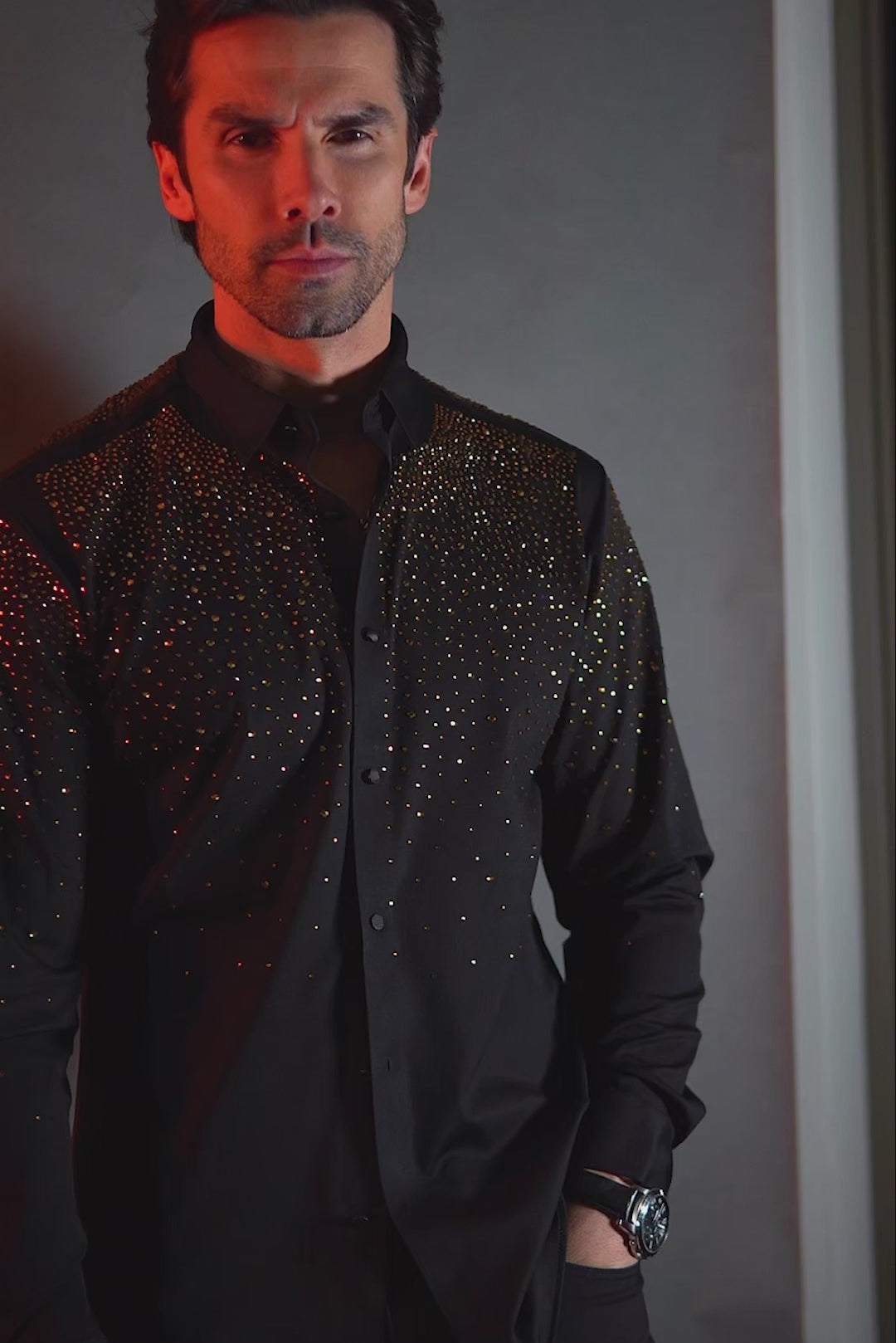 BARABAS Men's Rhinestones Jewels Long Sleeve Shirt 4B06