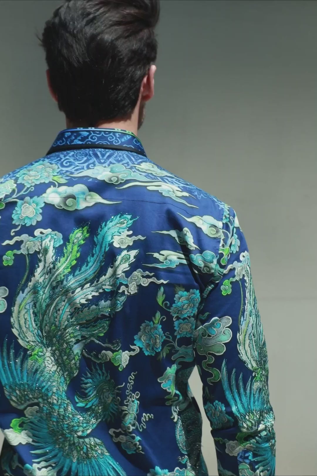 Barabas Men's Rhinestone Floral Rooster Long Sleeve Shirts 4SPR10 Blue