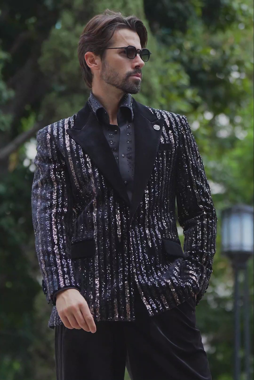 Barabas Men's Sequin Geometric Design Peak Lapel Blazer 5BL16 Black