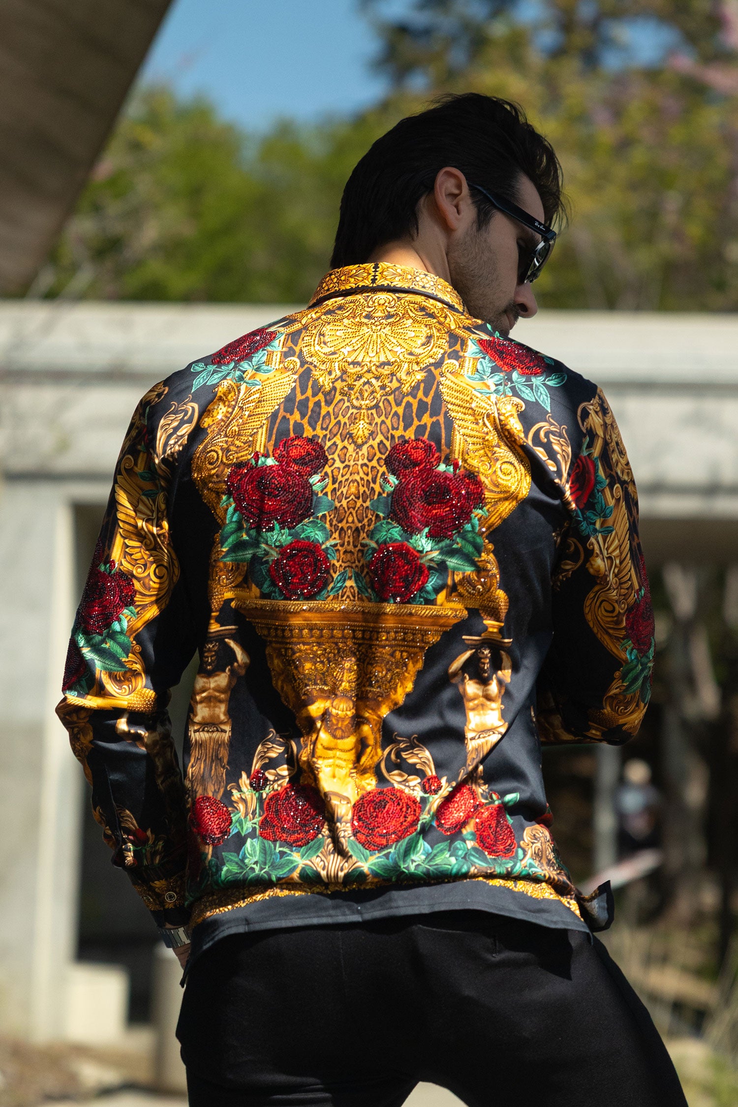 BARABAS Men's Rhinestone Floral Unicorn Long Sleeve Shirts 3SPR418 Black Gold