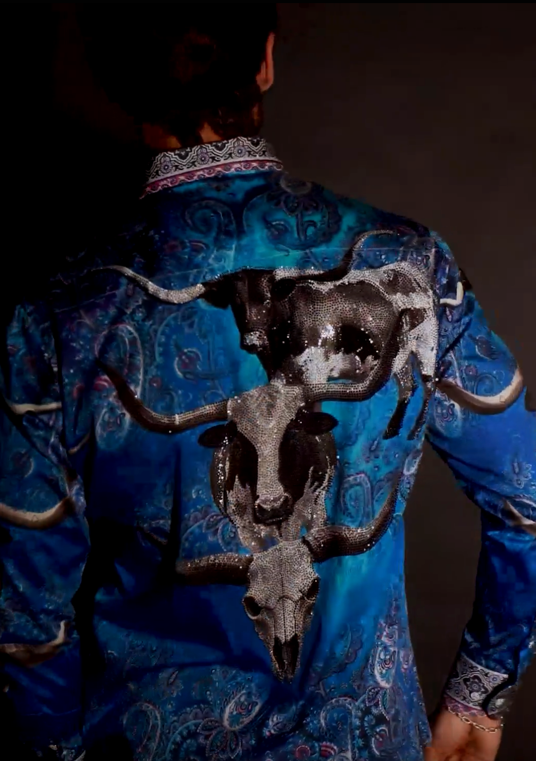 Barabas Men's Rhinestones Animal Paisley Long Sleeve Shirts 5SPR12 Blue