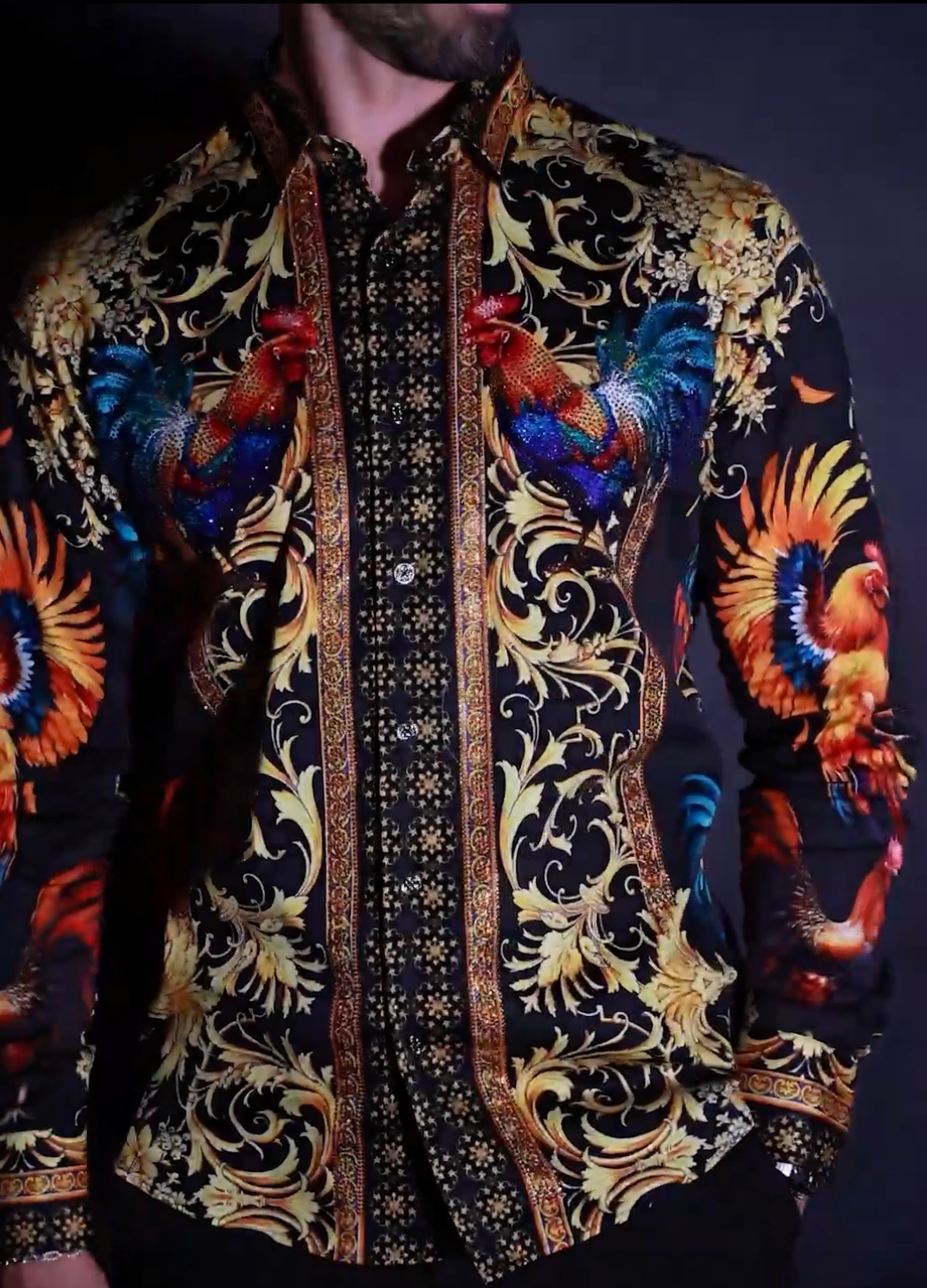 Barabas Men's Rhinestones Animal Print Long Sleeve Shirts 5SPR10 Gold Black