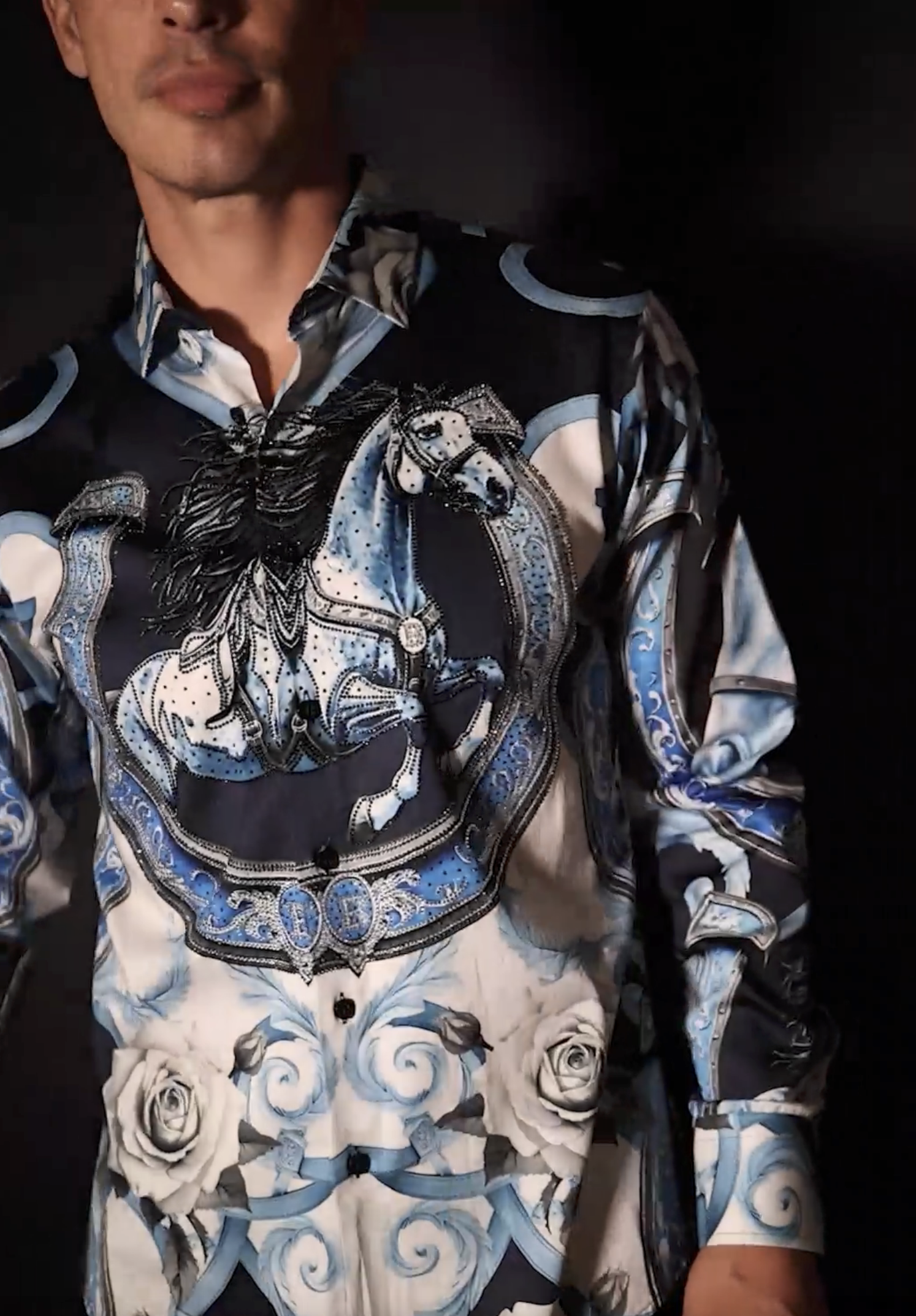 Barabas Men's Stallion Rhinestones Stretch Long Sleeve Shirts 5SPR05 Blue