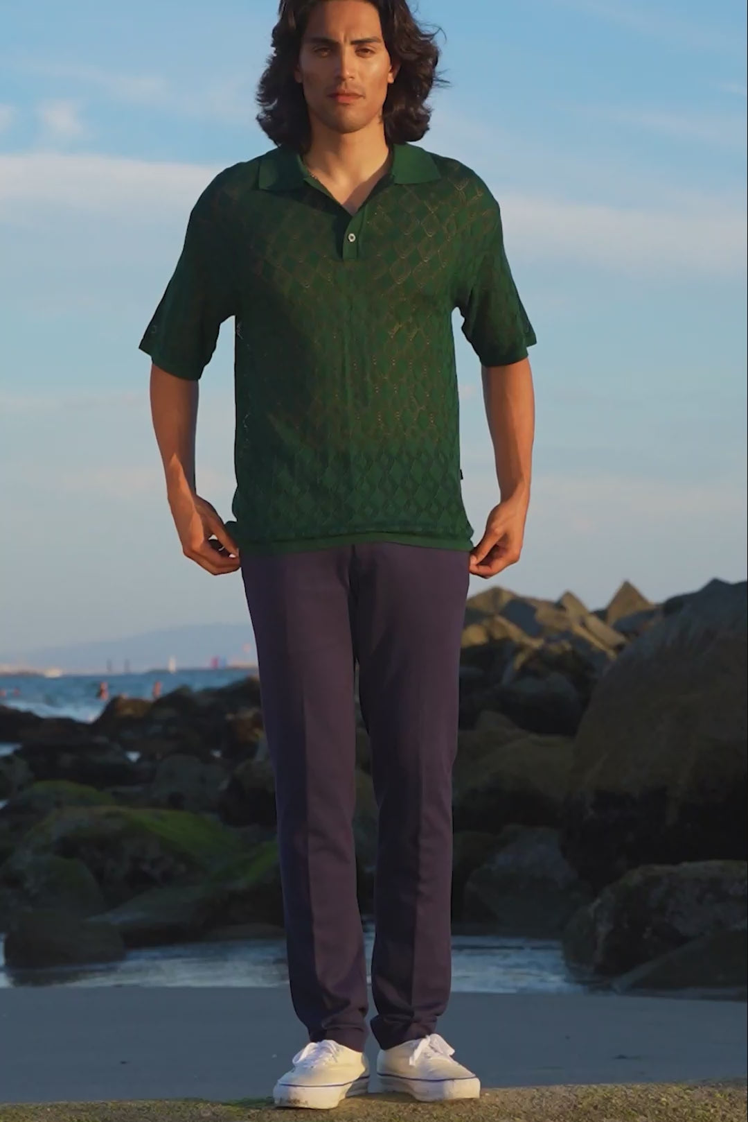 Barabas Men's Geometric Premium Stretch See Through Polo Shirts 5P12 green