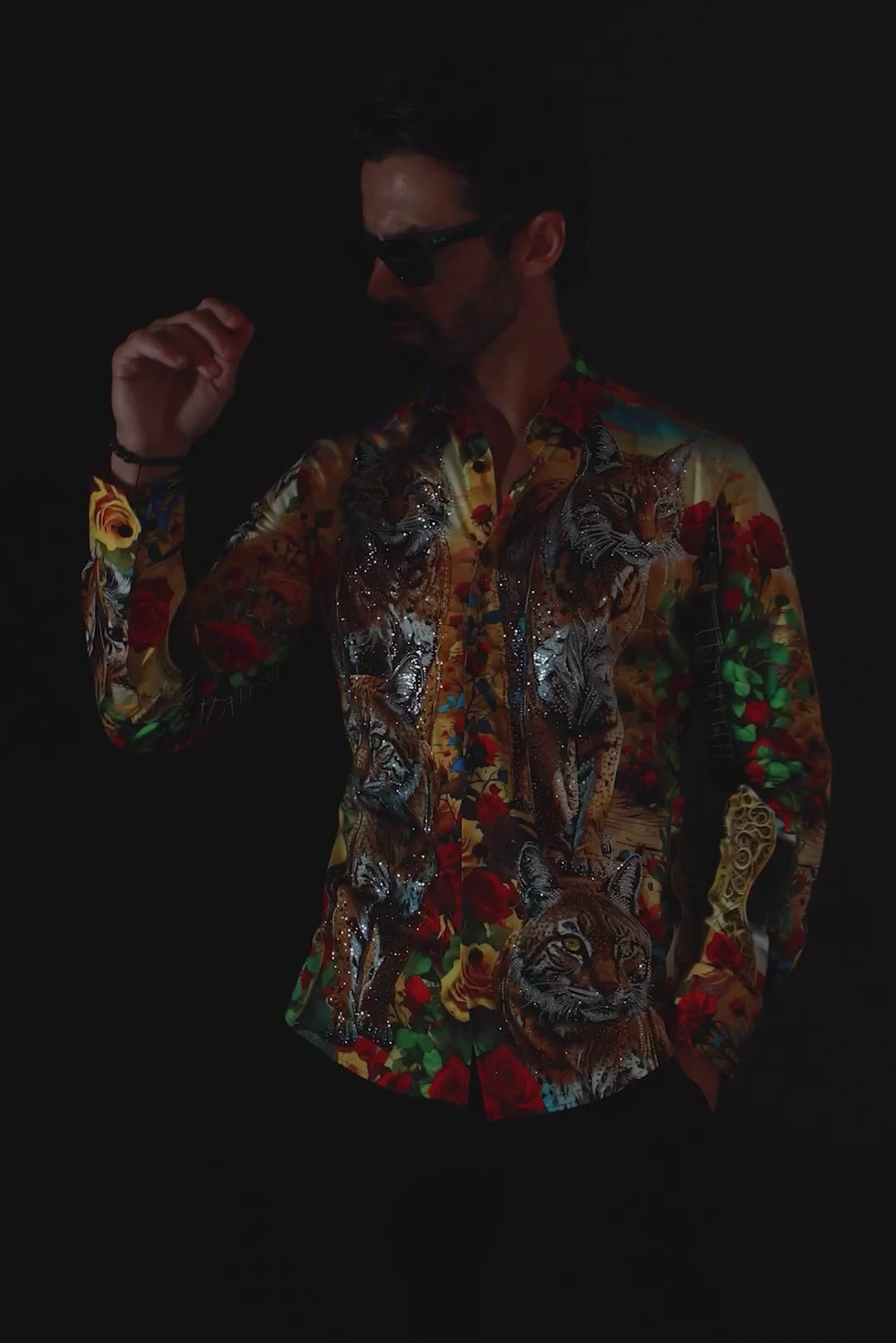 Barabas Men's Rhinestone Floral Animal Long Sleeve Shirts 4SPR08 Black