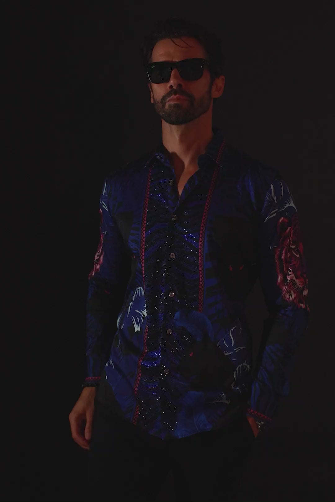 BARABAS Men's Rhinestone Leopard Floral Long Sleeves Shirt 2SPR225 Navy