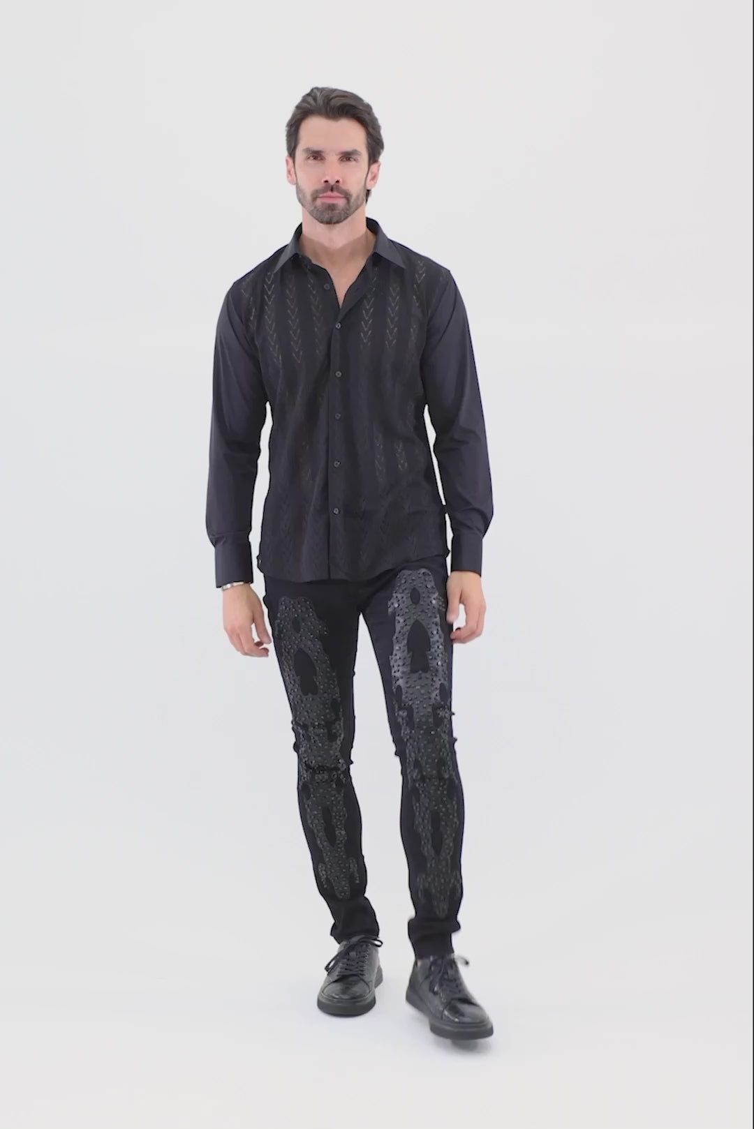 Barabas Men's Geometric Stretch See-through Long Sleeve Shirts 4B60 Black