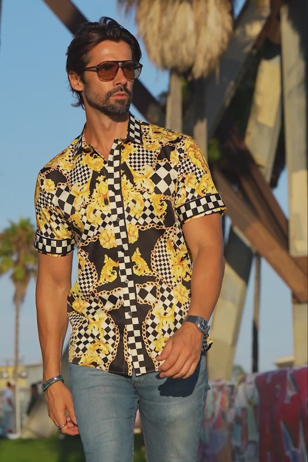 BARABAS Men's checkered chain graphic short sleeve shirt SS02 Black Gold