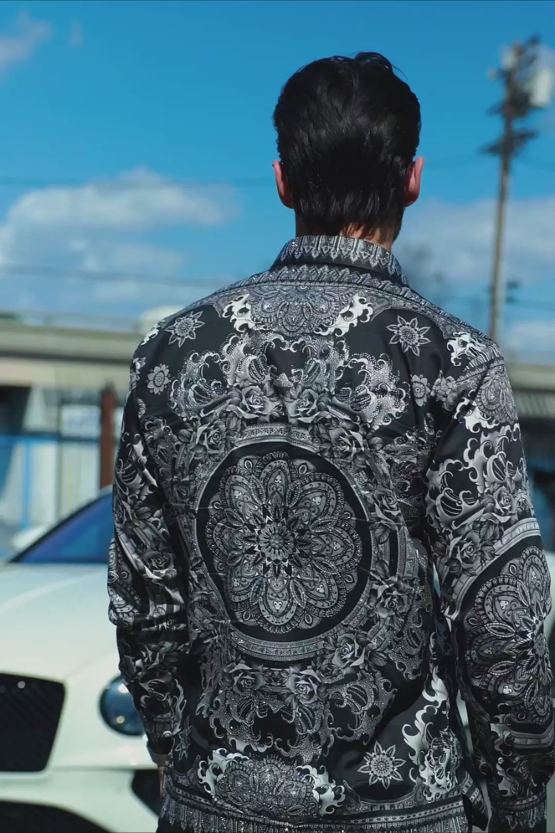 BARABAS Men's Rhinestone Floral Print Baroque Long Sleeve Shirts 3SPR413 Black