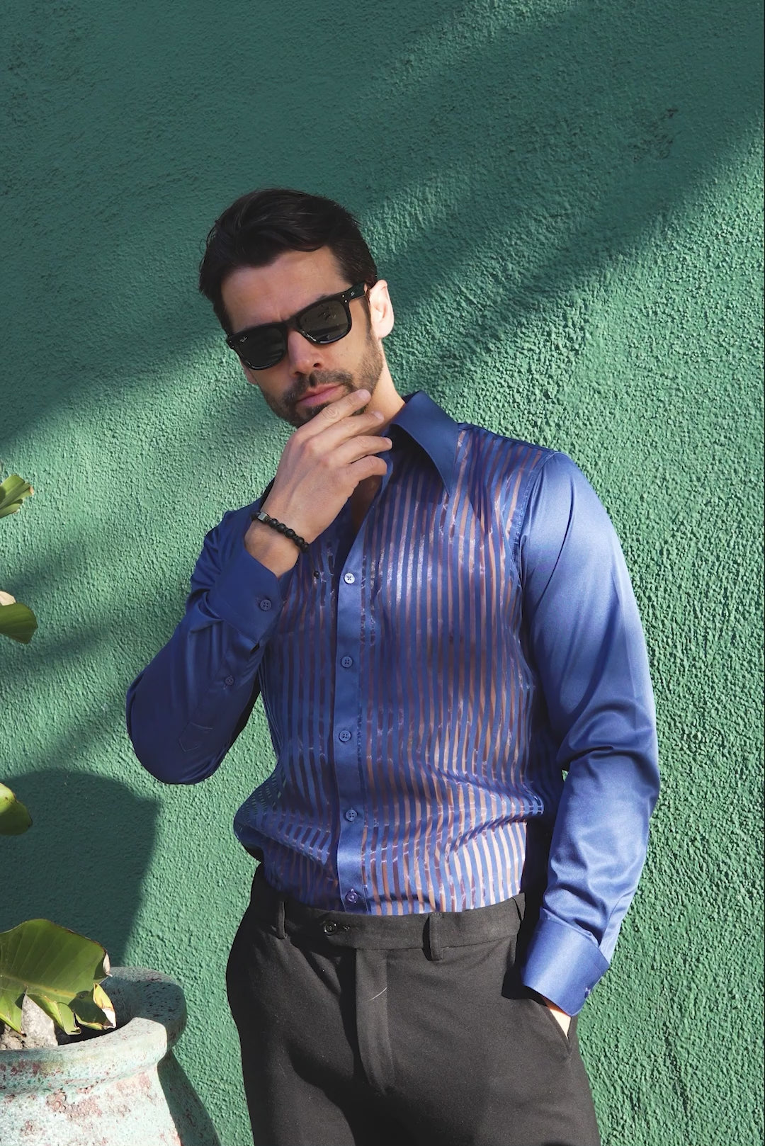 Barabas Men's See Through Geometric Shiny Long Sleeve Shirts 5B01 Blue
