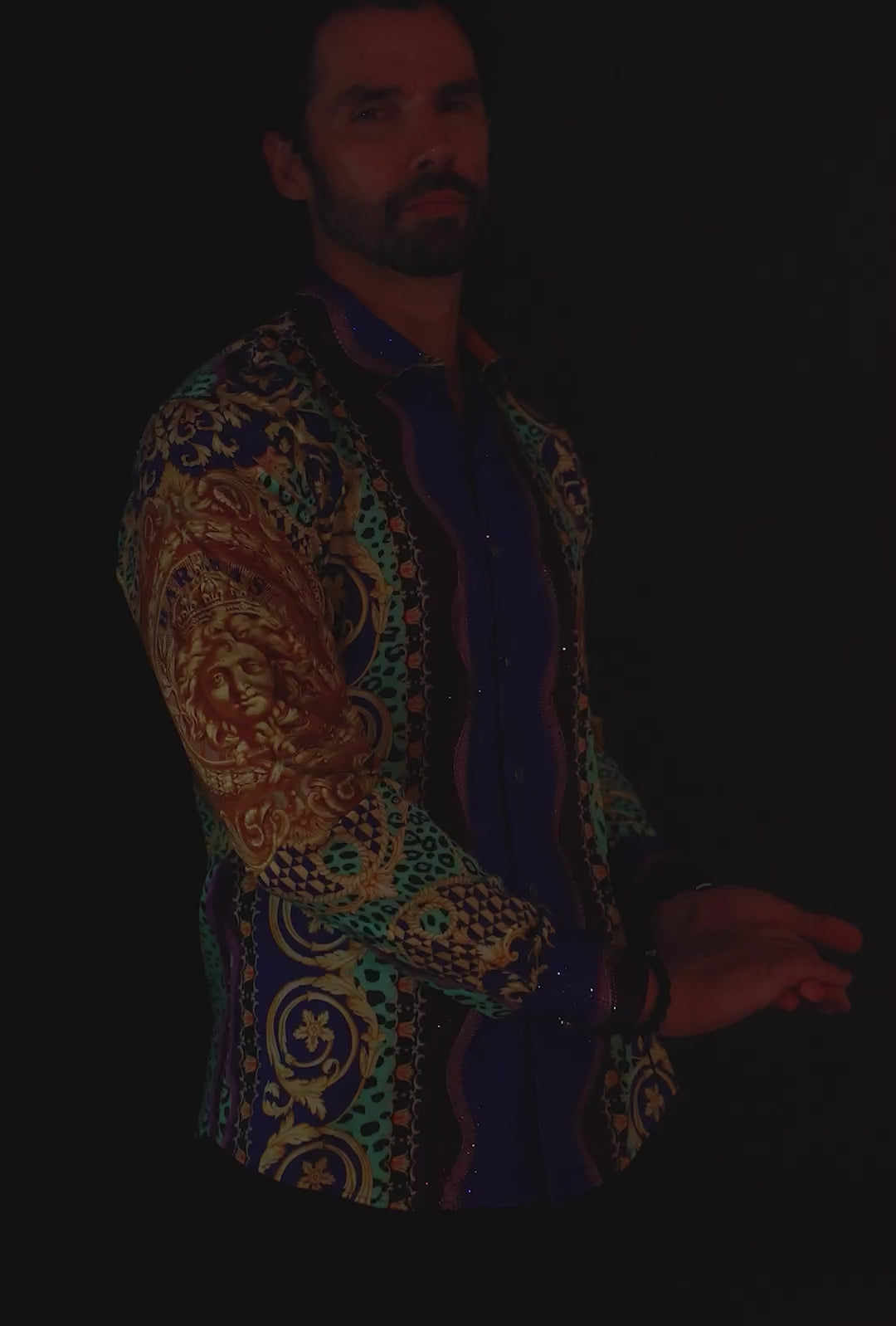 BARABAS Men's Rhinestone Medusa Floral Baroque leopard Shirt 2SPR221 Multi Color