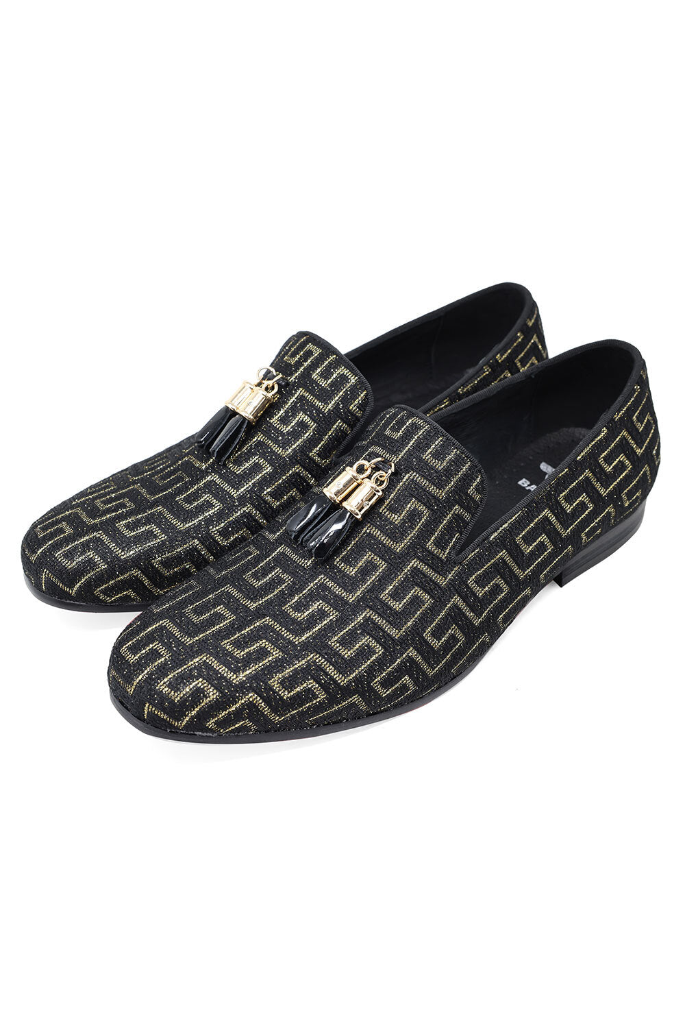 BARABAS Men's Rhinestone Greek key Pattern Tassel Loafer Shoes SH3087 Black Gold