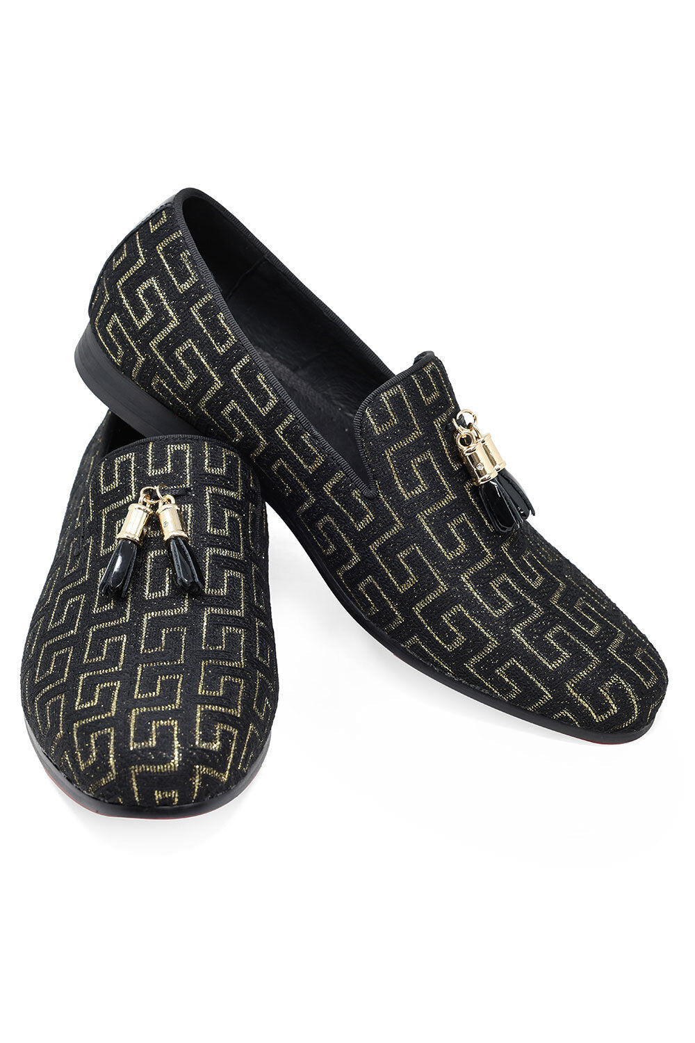 BARABAS Men's Rhinestone Greek key Pattern Tassel Loafer Shoes SH3087 Black Gold