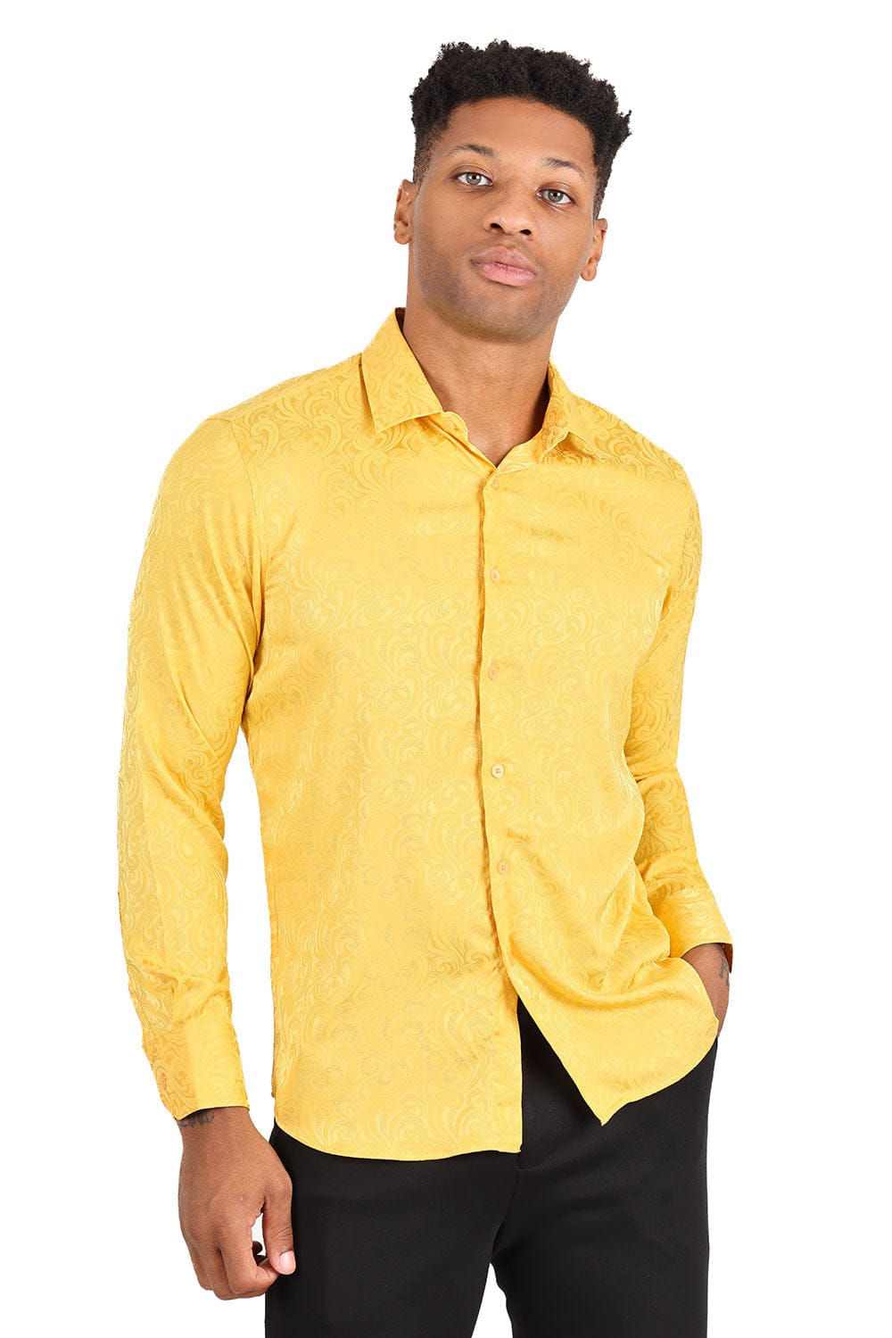 BARABAS Men's Paisley Long Sleeve Button Down Shirt 2B320 #Color_Banana